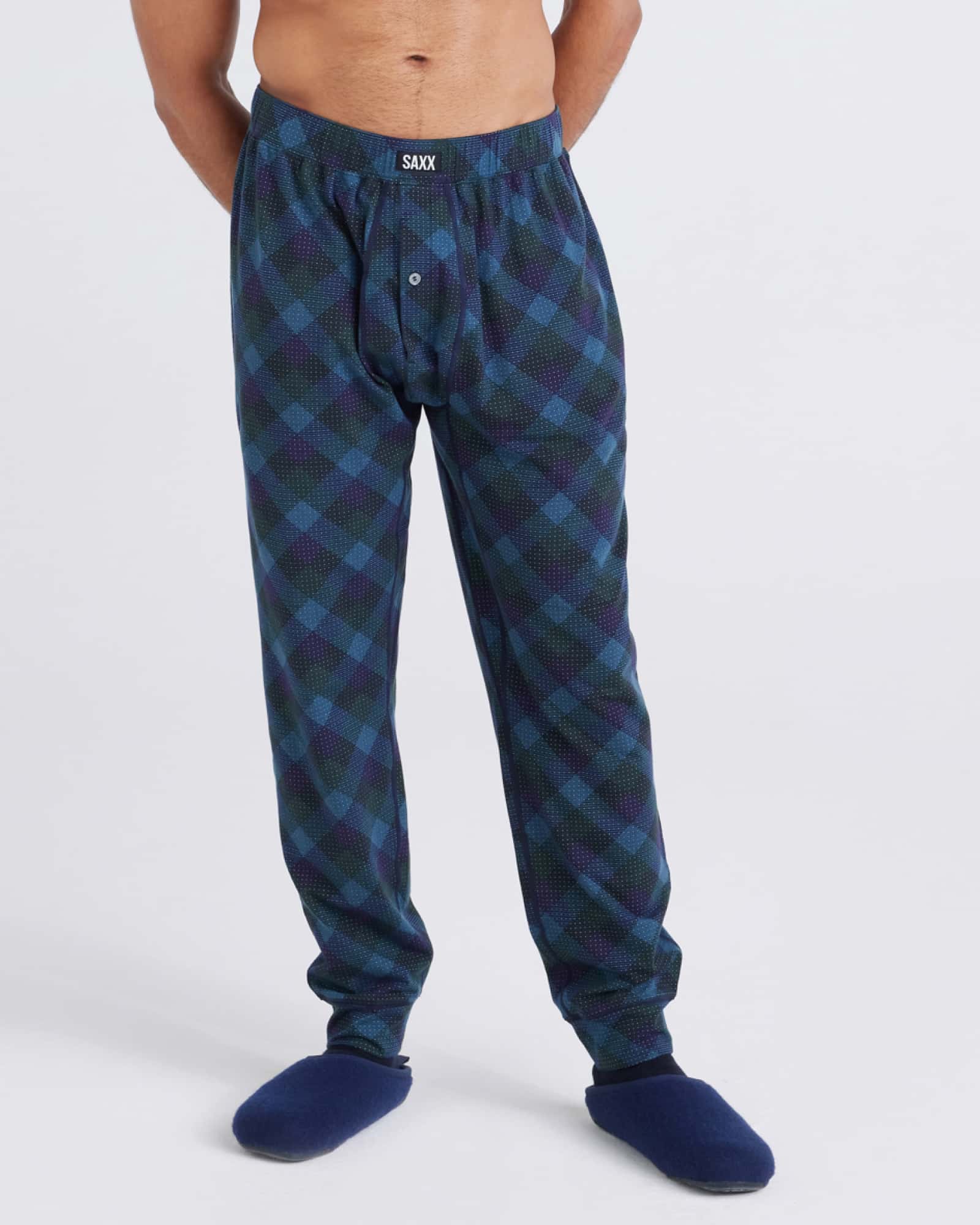 Front - Model wearing  Droptemp® Cooling Sleep Sleep Pant in Bison Check-Maritime