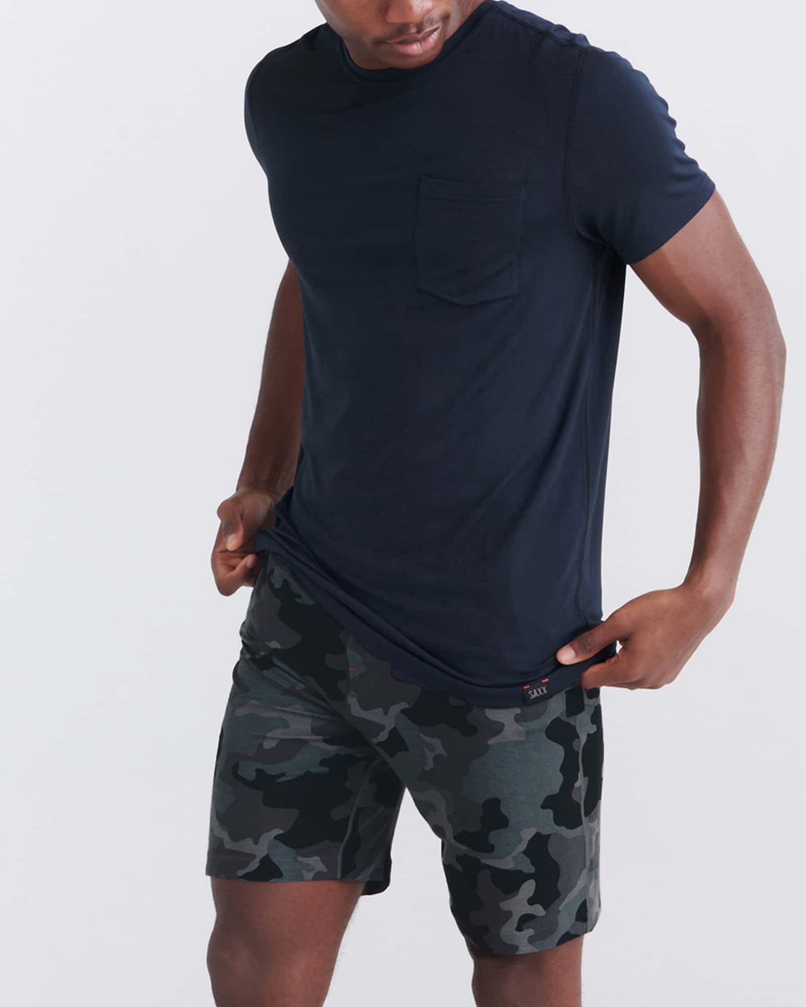 Front - Model wearing Snooze Short in Supersize Camo- Dark Charcoal