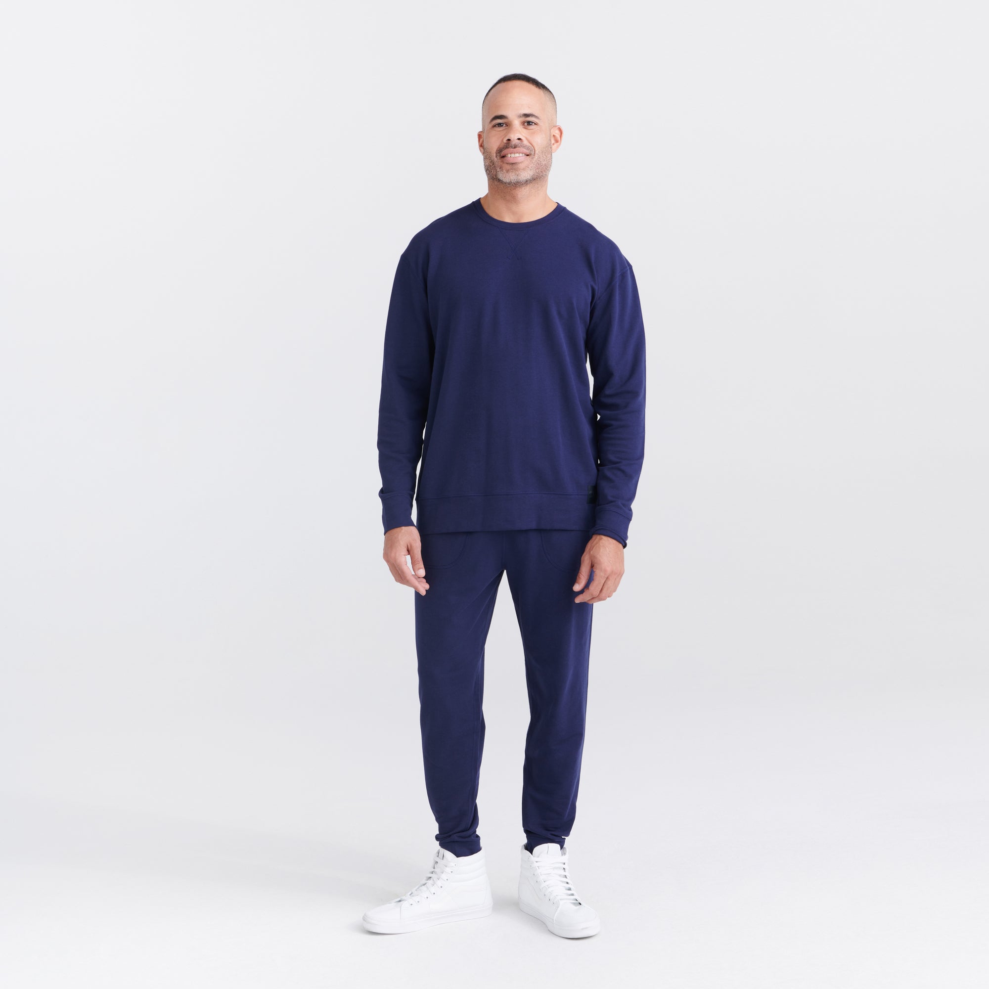 Front - Model wearing 3Six Five Lounge Long Sleeve Crew in Maritime Blue