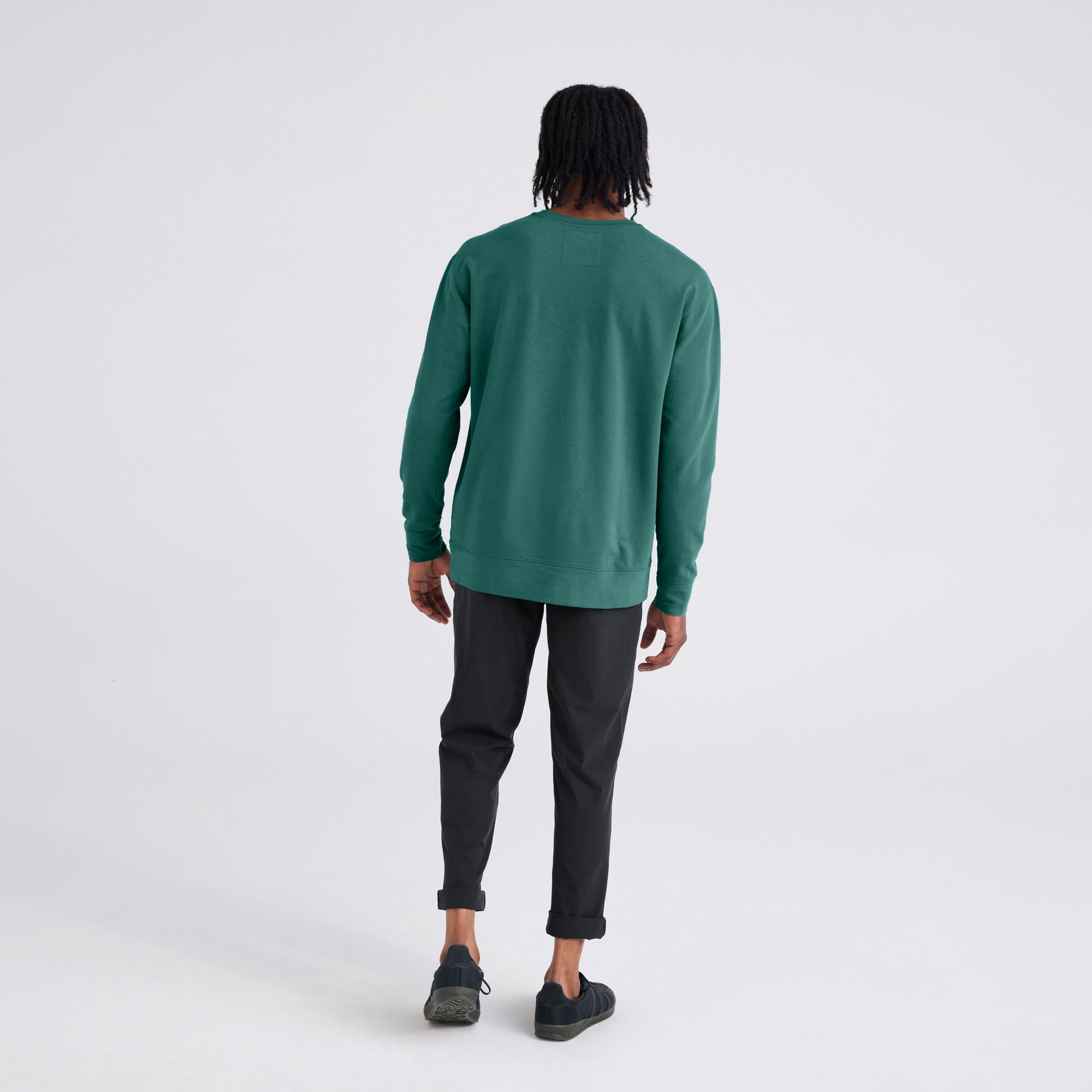 Back - Model wearing  Go To Town Pant in Black and 3Six Five Lounge Long Sleeve Crew in Pine