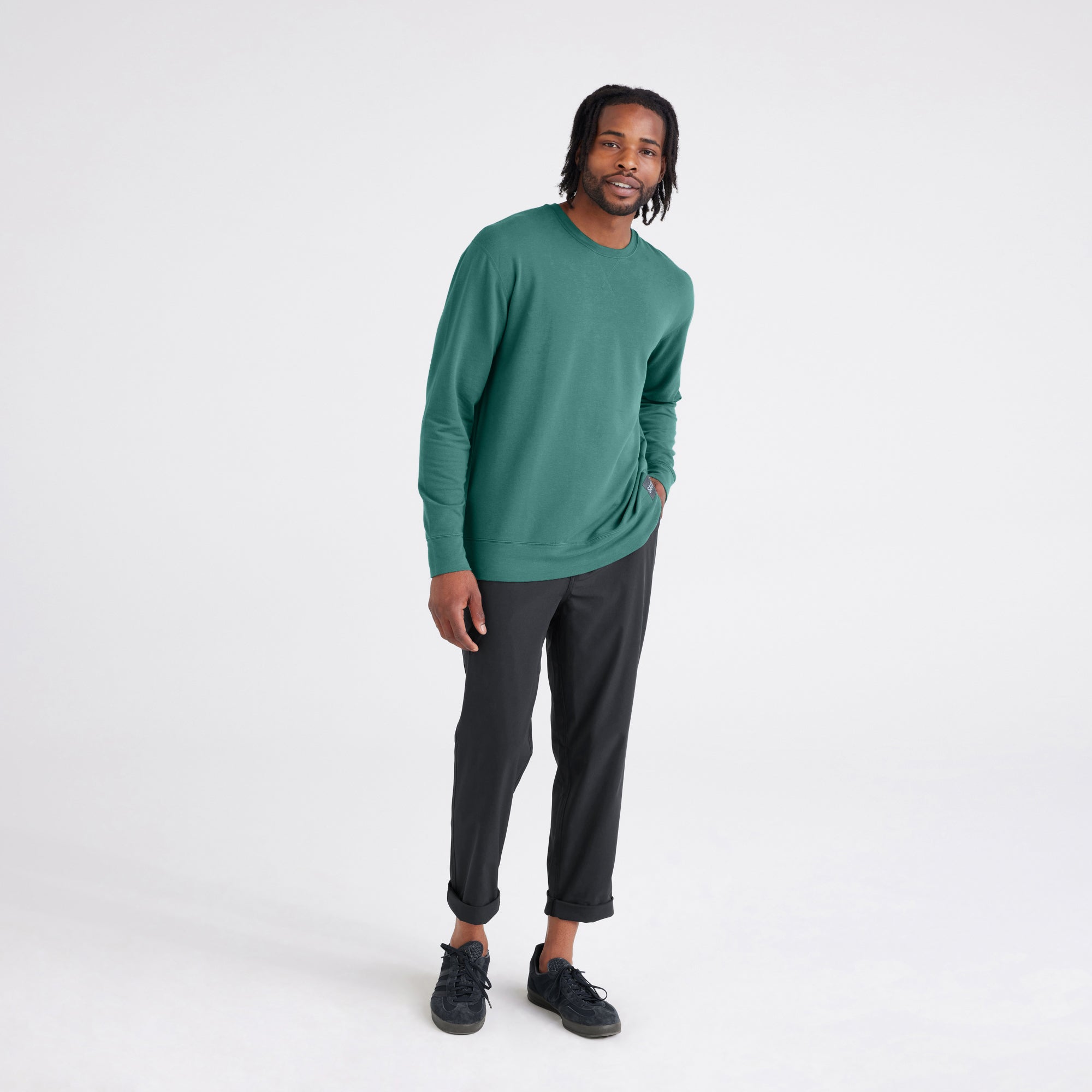 Front - Model wearing  Go To Town Pant in Black and 3Six Five Lounge Long Sleeve Crew in Pine