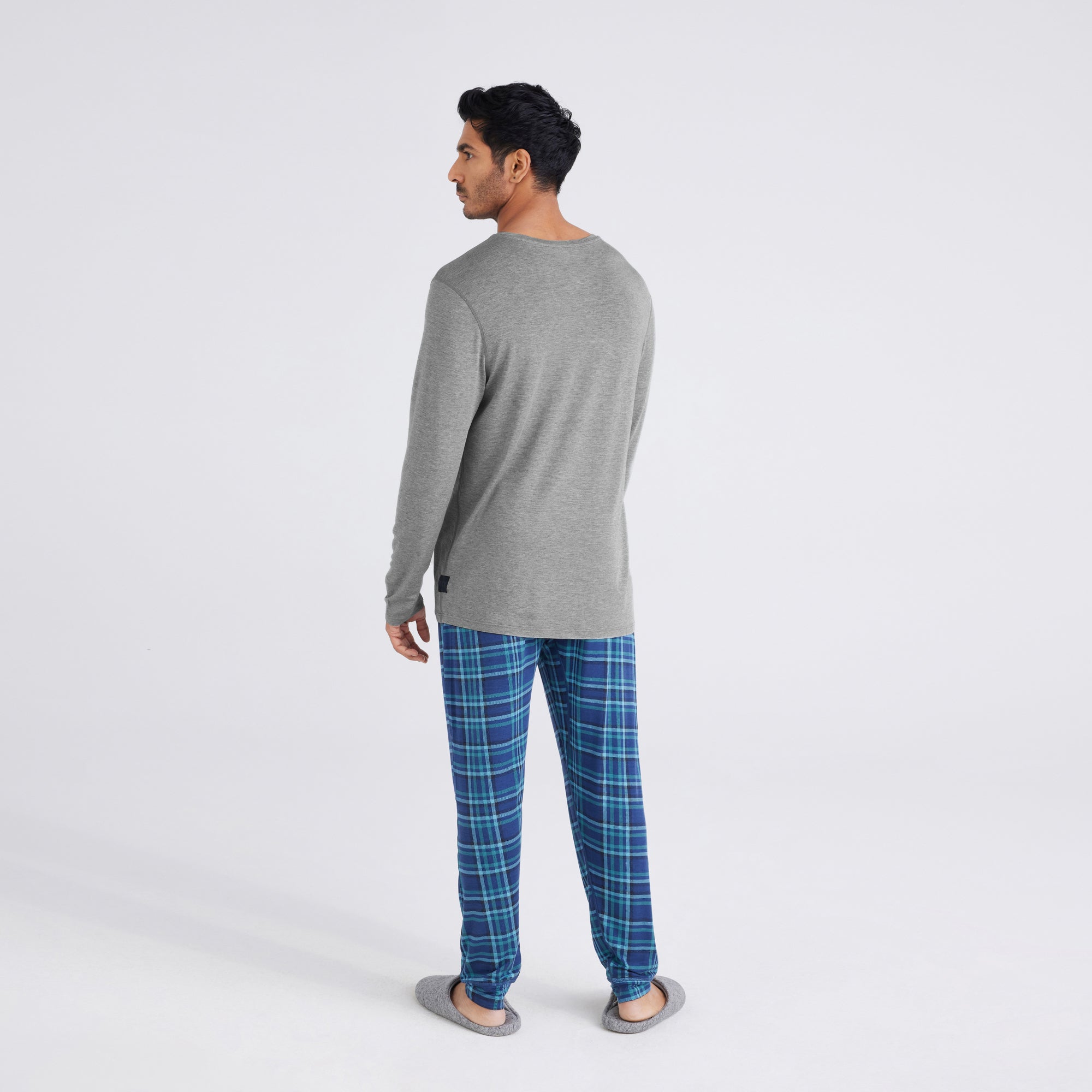 Back - Model wearing  Snooze Sleep Long Sleeve Crew in Dark Grey Heather