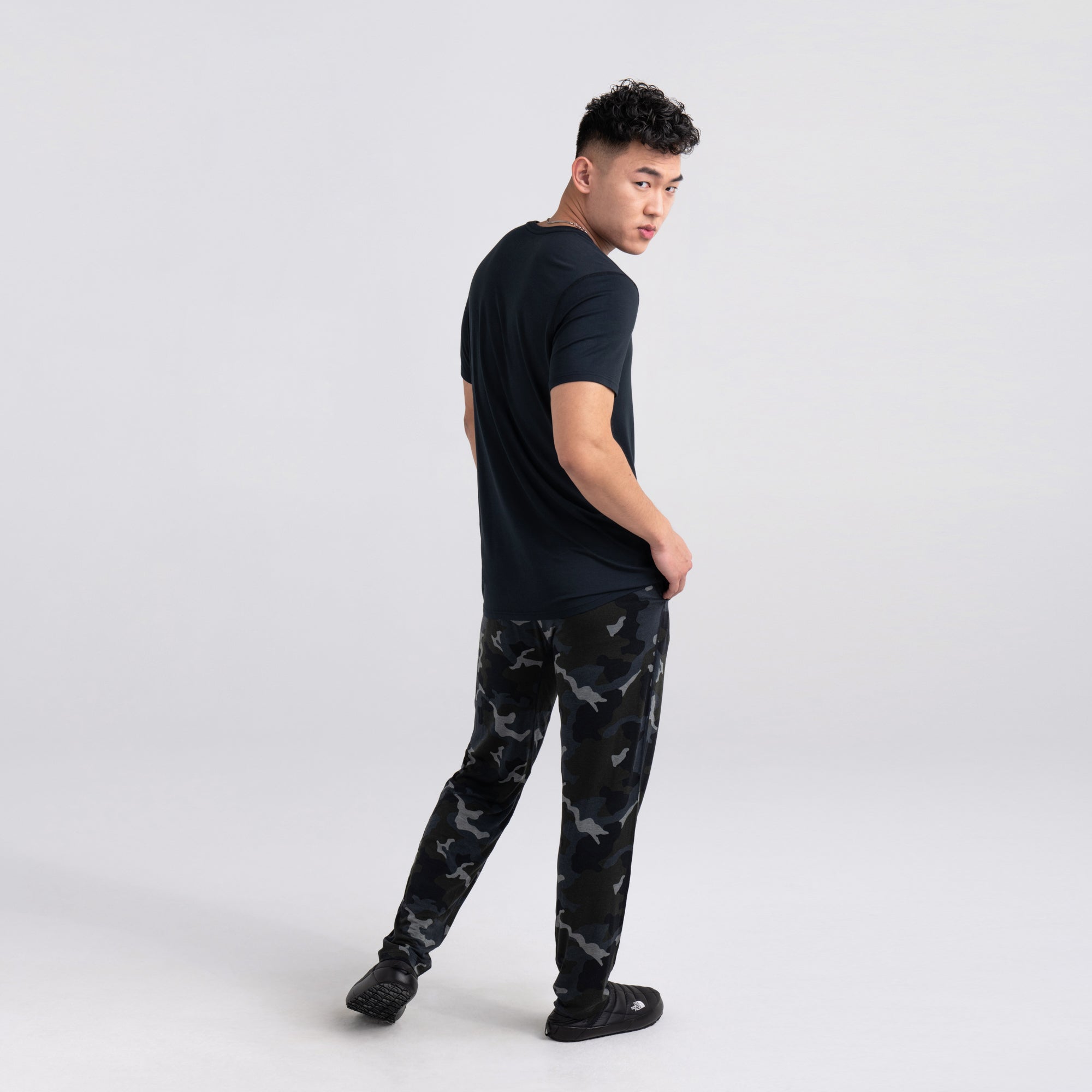 Back - Model wearing Sleepwalker Pant in Supersize Camo- Graphite