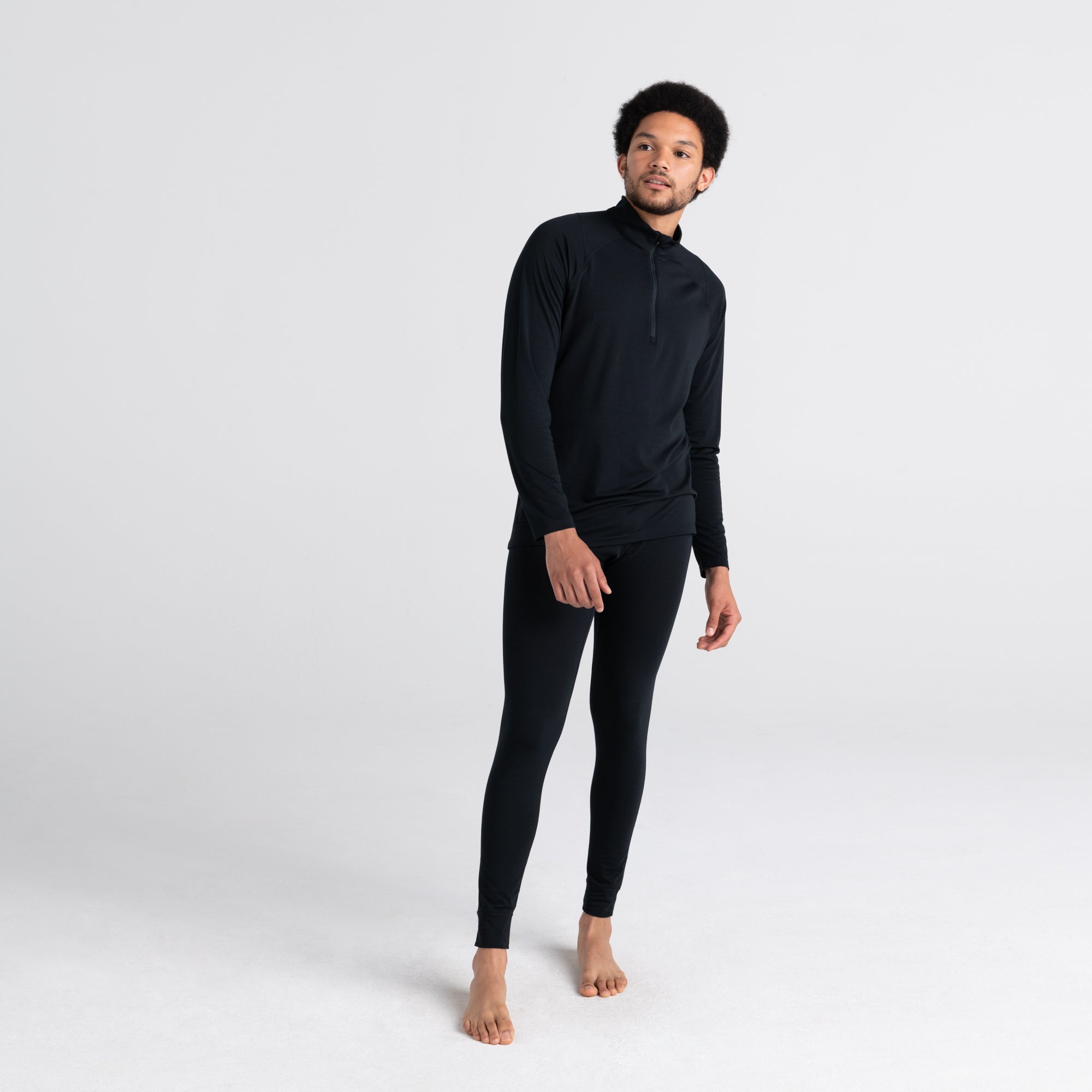 Front - Model wearing Roast Master Bottom Fly Baselayer in Black