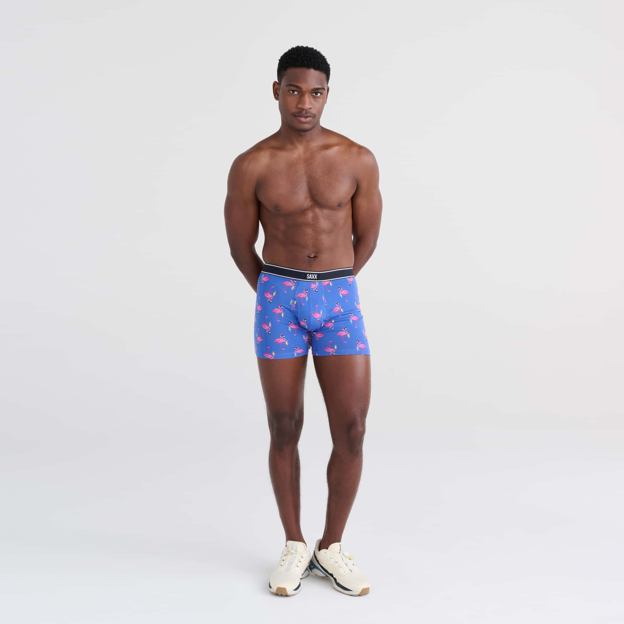 Front - Model wearing Daytripper 2-Pack Boxer Brief in Flocktail Hour/Black