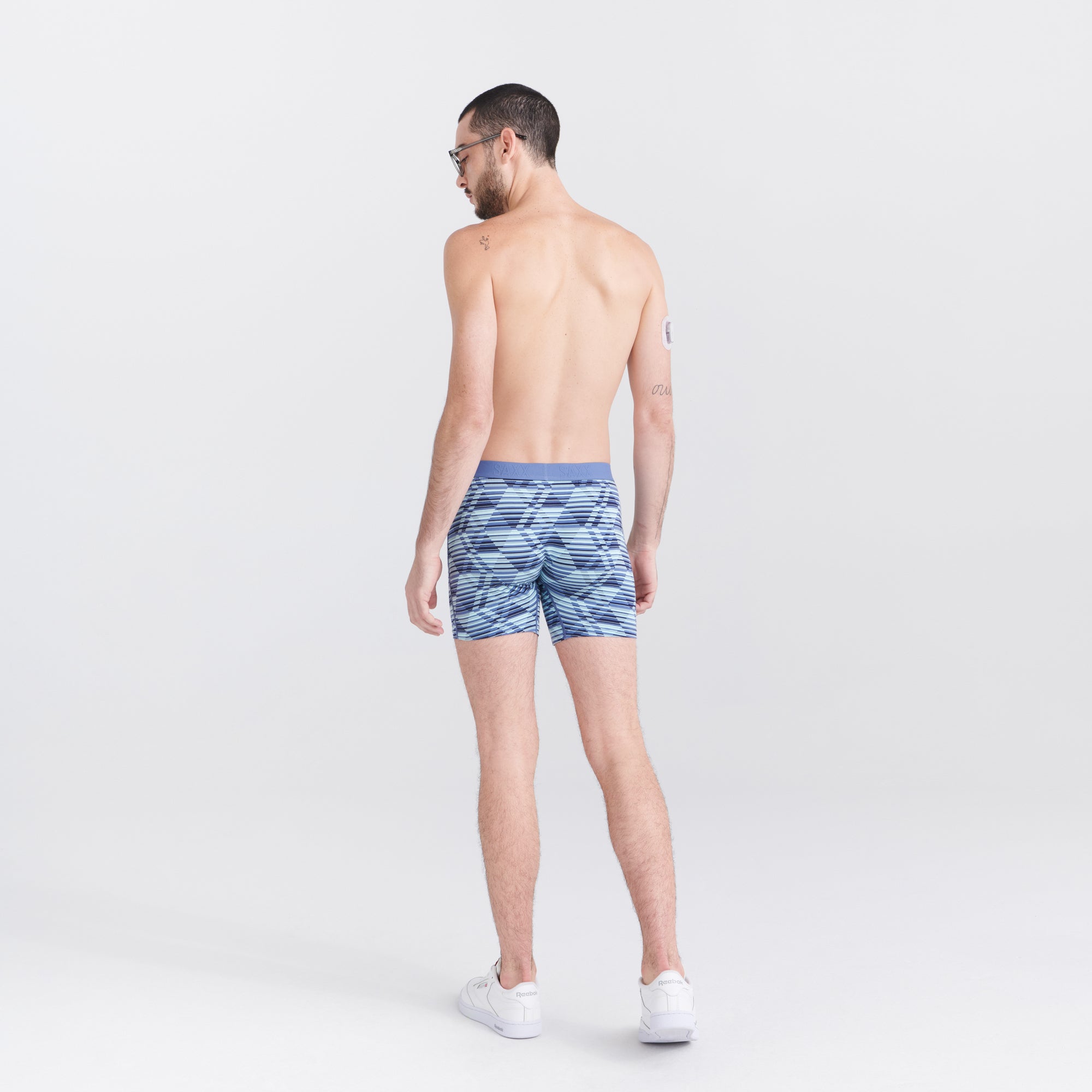 Back - Model wearing Ultra Super Soft Boxer Brief Fly 2-Pack in Dazed Argyle/Navy