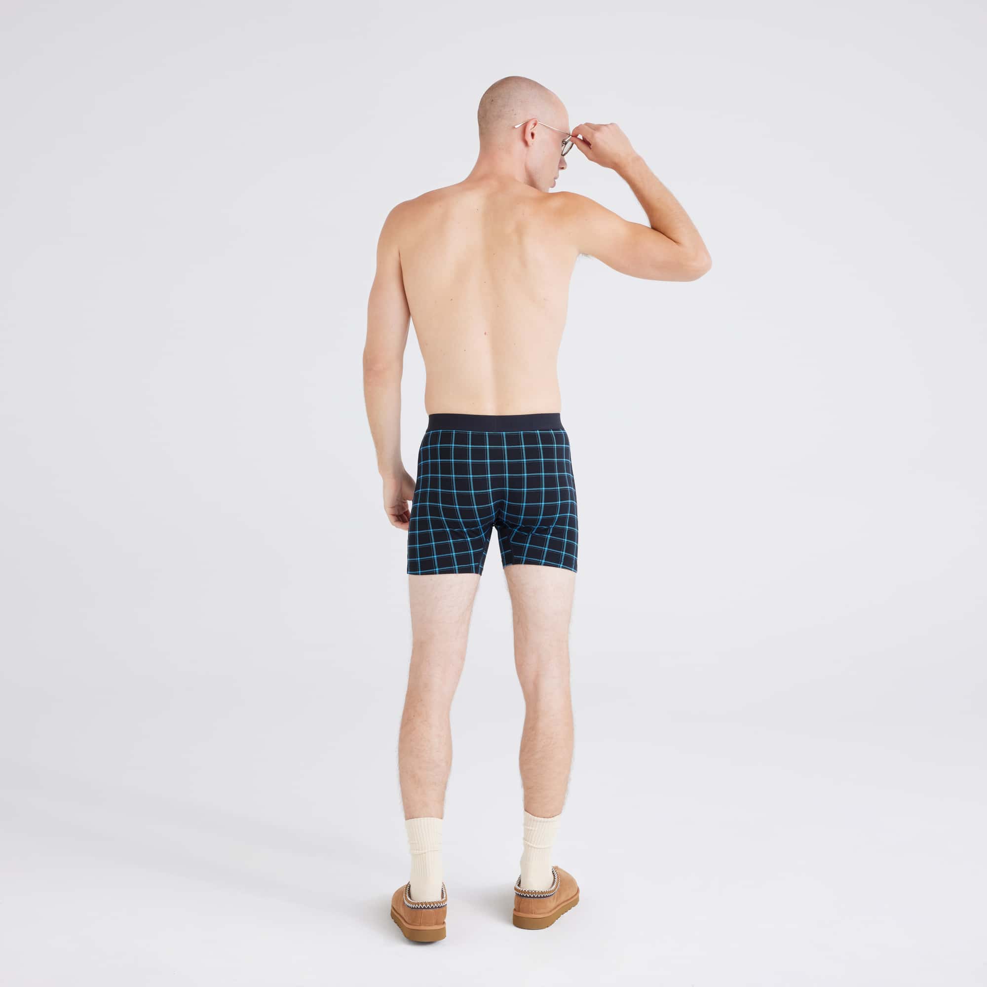 Back - Model wearing Ultra Super Soft (2 Pack) Boxer Brief in Getta Watt/Windowpane