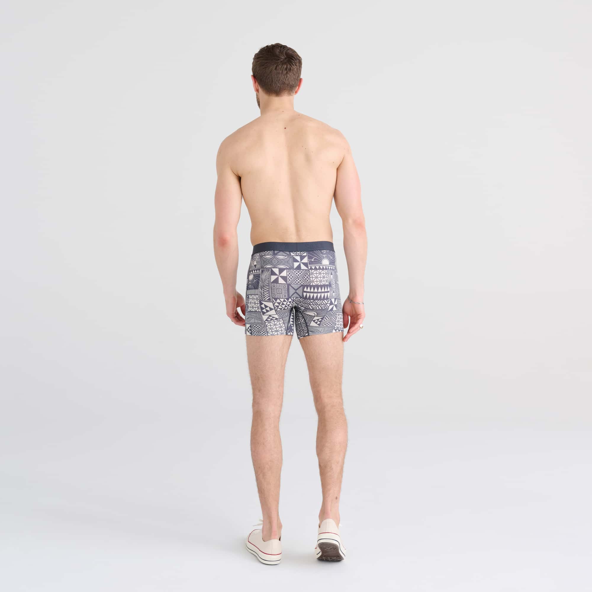 Back - Model wearing Vibe 2-Pack Boxer Brief in Beachy Woodblocks/Navy