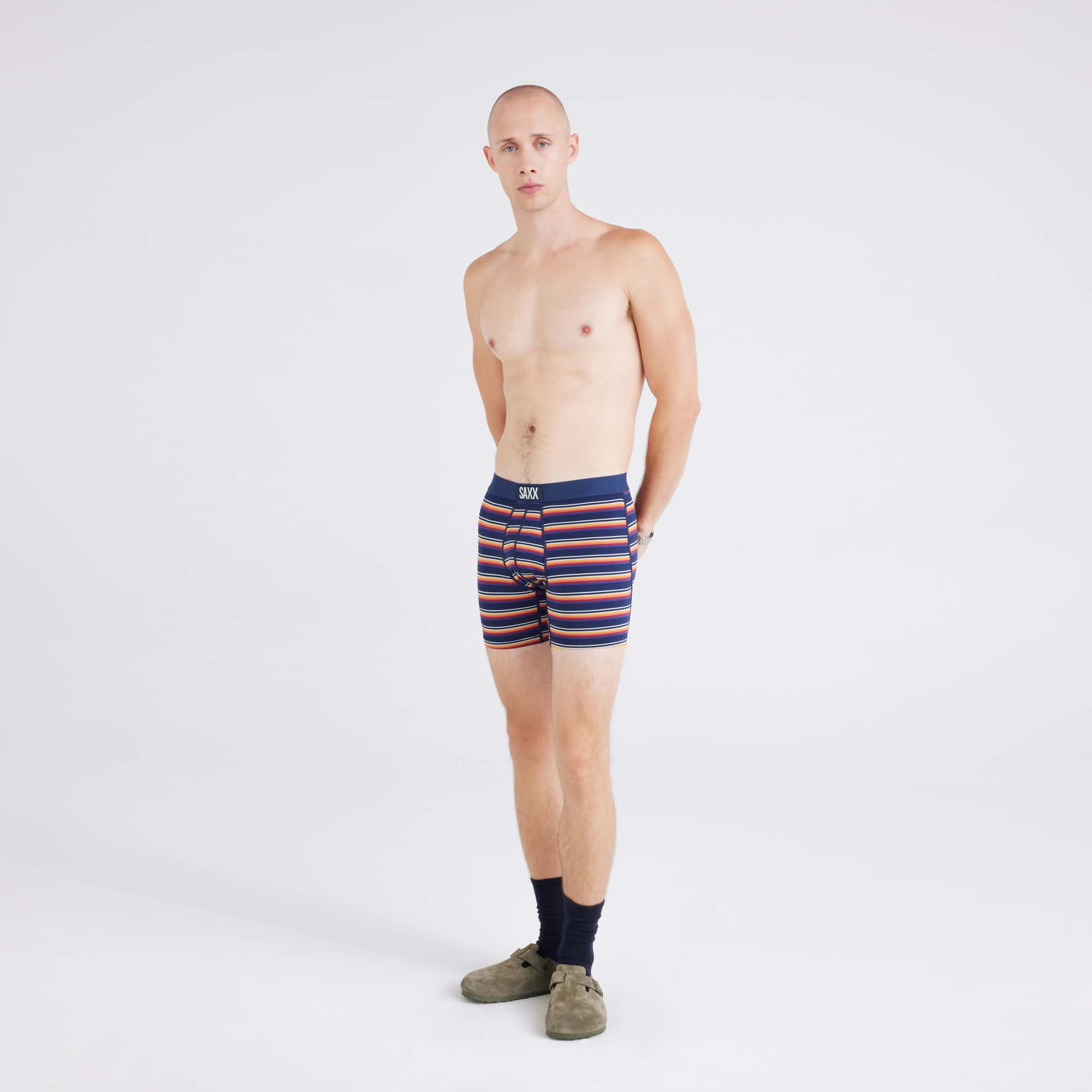 Front - Model wearing  Vibe Super Soft (2 Pack) Boxer Brief in Field Stripe/Navy