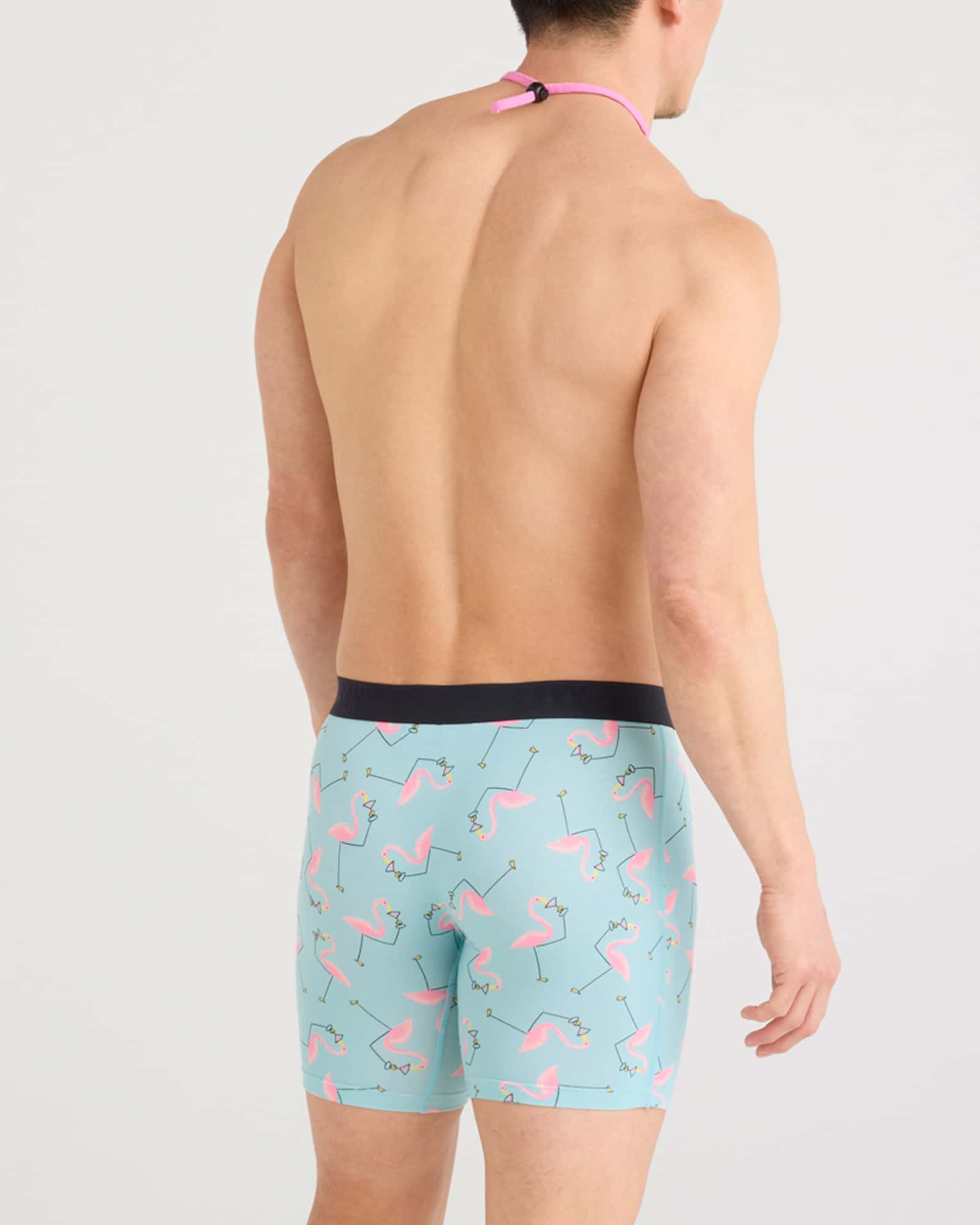 Back - Model wearing Vibe Xtra Boxer Brief Fly 2 Pack in Drinko Flamingo/Black