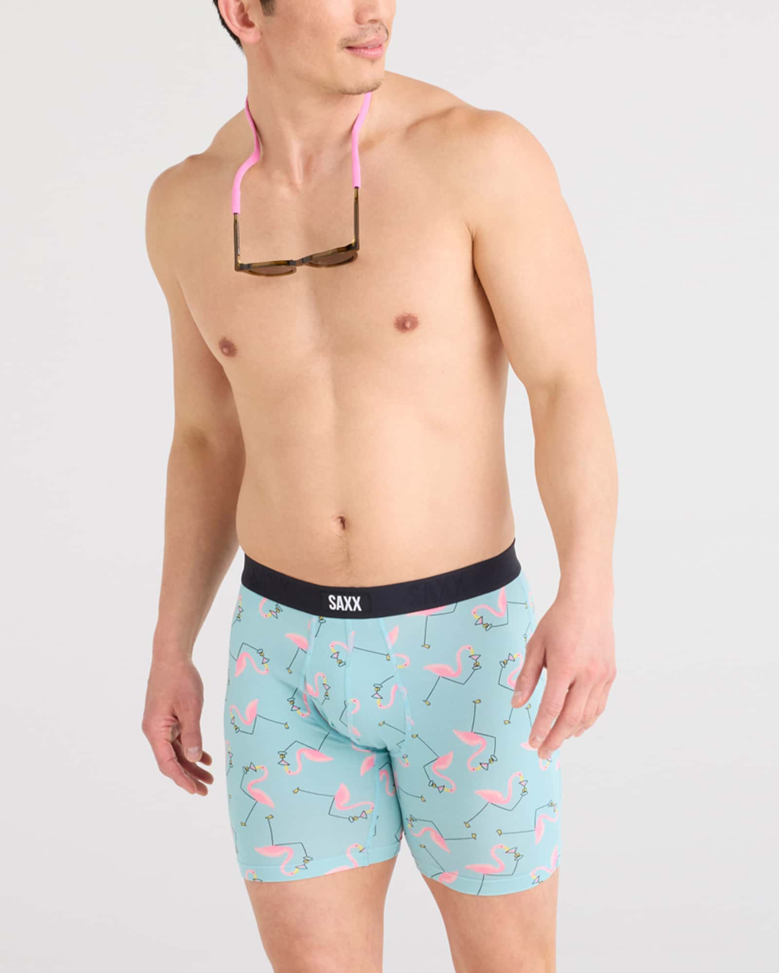 Front - Model wearing Vibe Xtra Boxer Brief Fly 2 Pack in Drinko Flamingo/Black