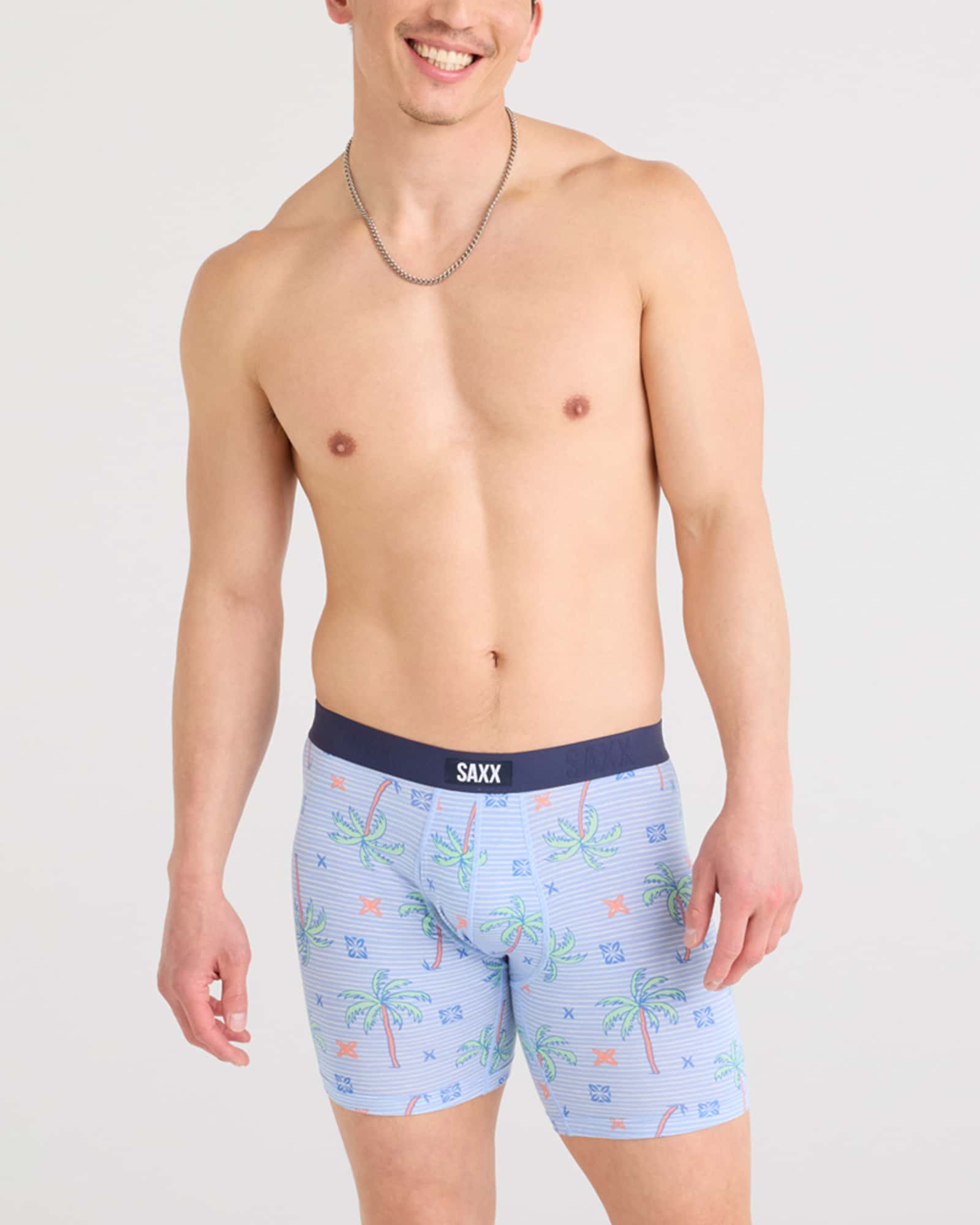 Front - Model wearing Vibe Xtra Boxer Brief Fly 2 Pack in Palmtastic/Navy