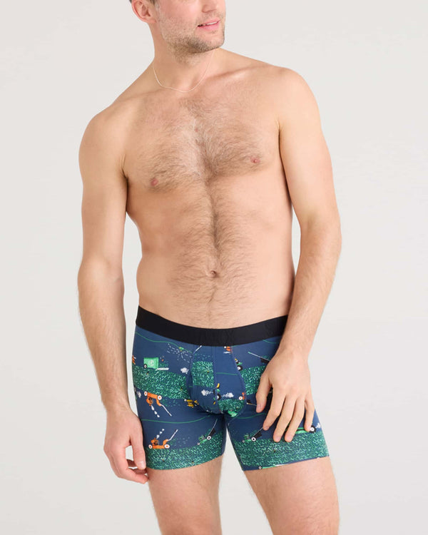 Front - Model wearing Droptemp Cooling Cotton Boxer Brief Fly 2 Pack in Buzzcut/Black