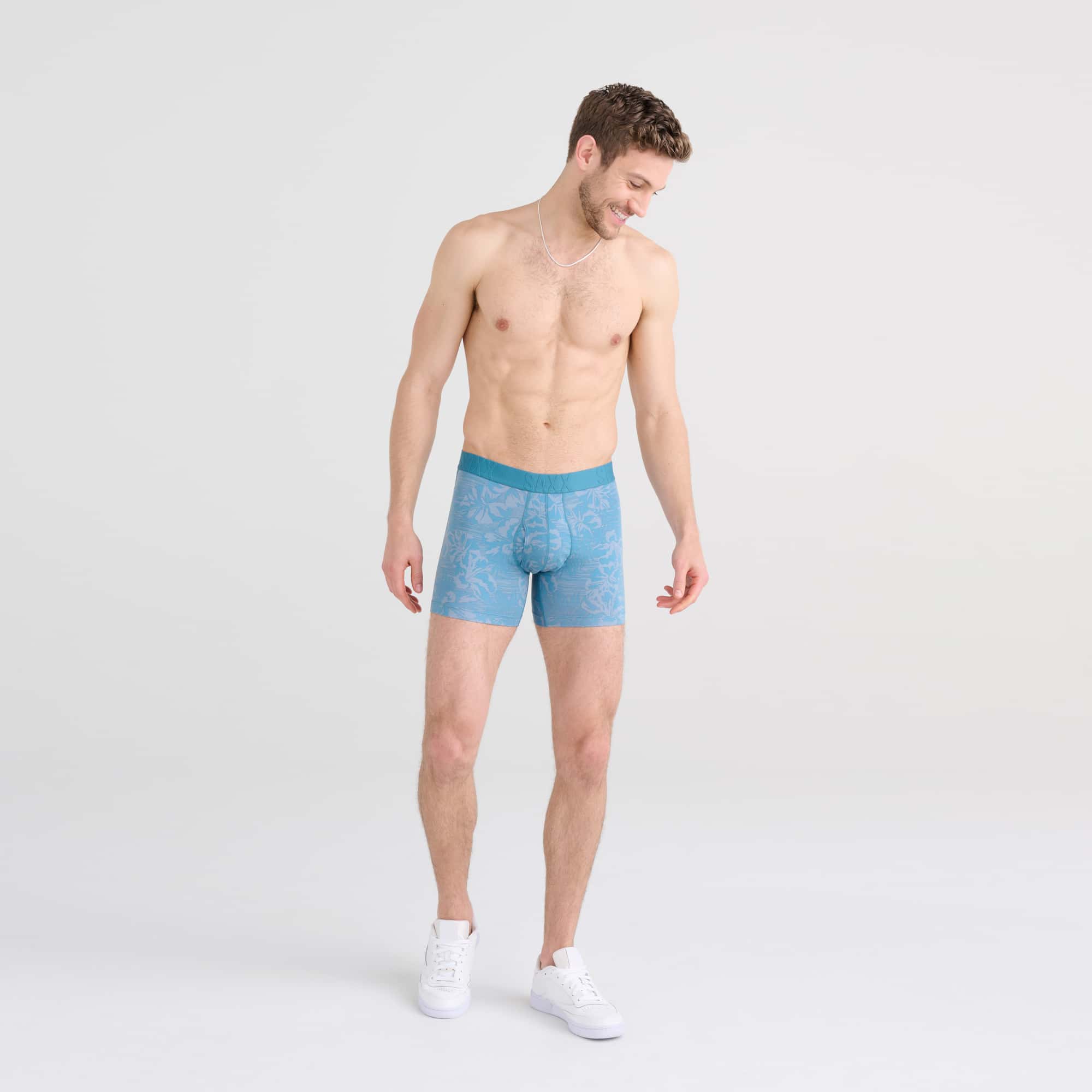 Front - Model wearing DropTemp Cooling Cotton 2-Pack Boxer Brief in Jungle Haze/Dark Ink