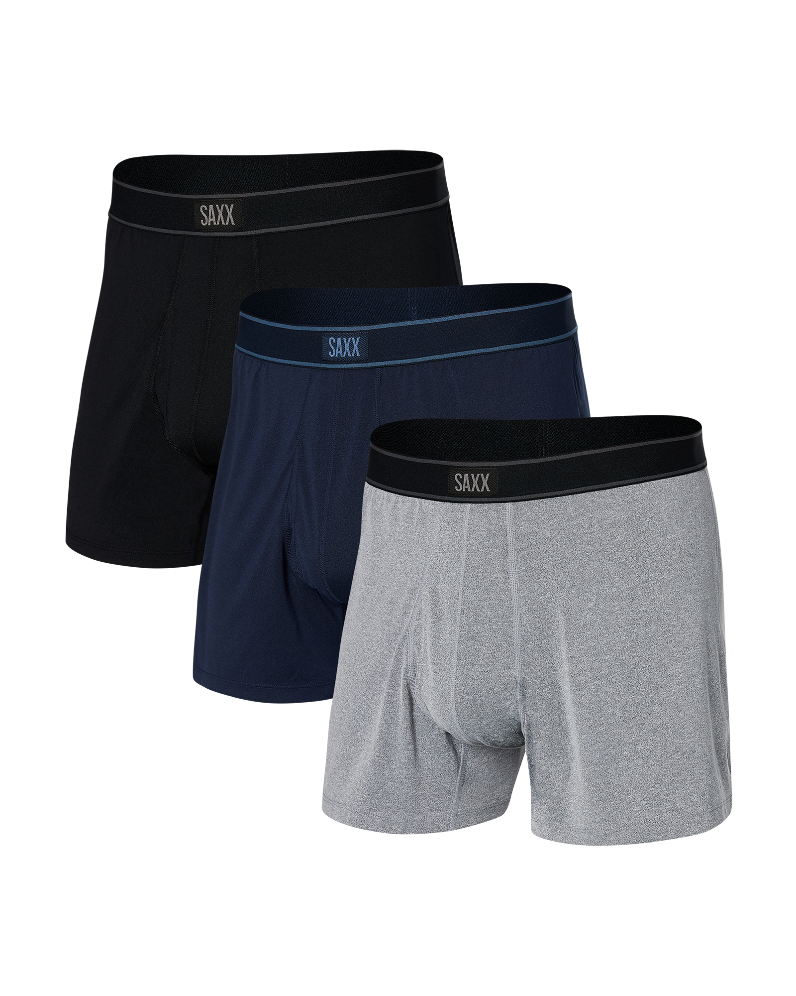 Front of Daytripper Loose Boxer Fly 3-Pack in Black/Navy Heather/Grey Heather