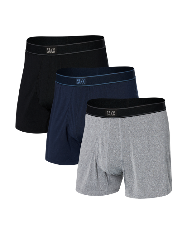 Front of Daytripper Loose Boxer Fly 3-Pack in Black/Navy Heather/Grey Heather