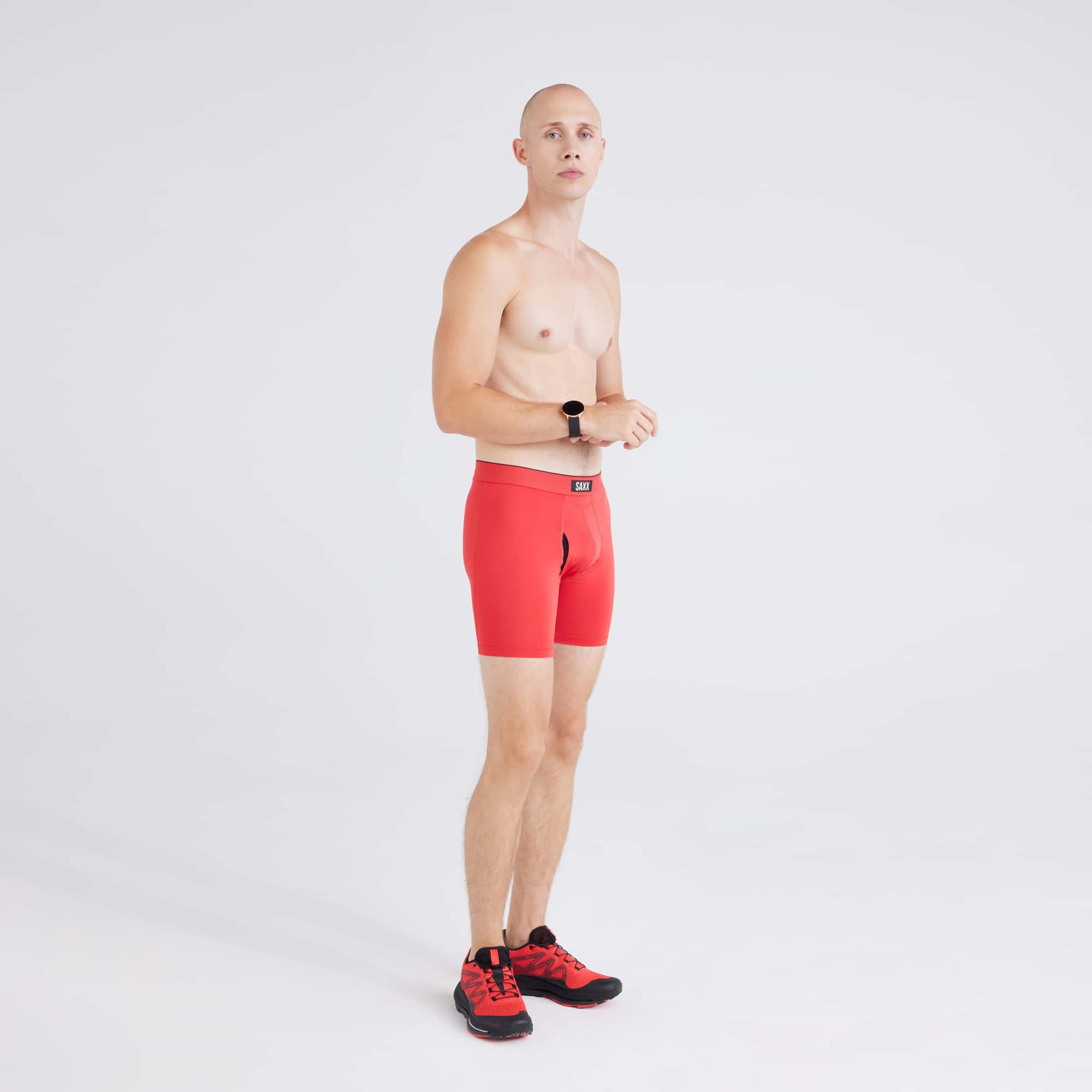 Front - Model wearing  Multi-Sport Mesh (3 Pack) Boxer Brief in Sunset Red/Turbublence/Faded Black