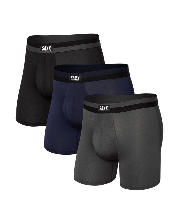 Front of Sport Mesh Boxer Brief Fly 3 Pack in Black/Navy/Graphite