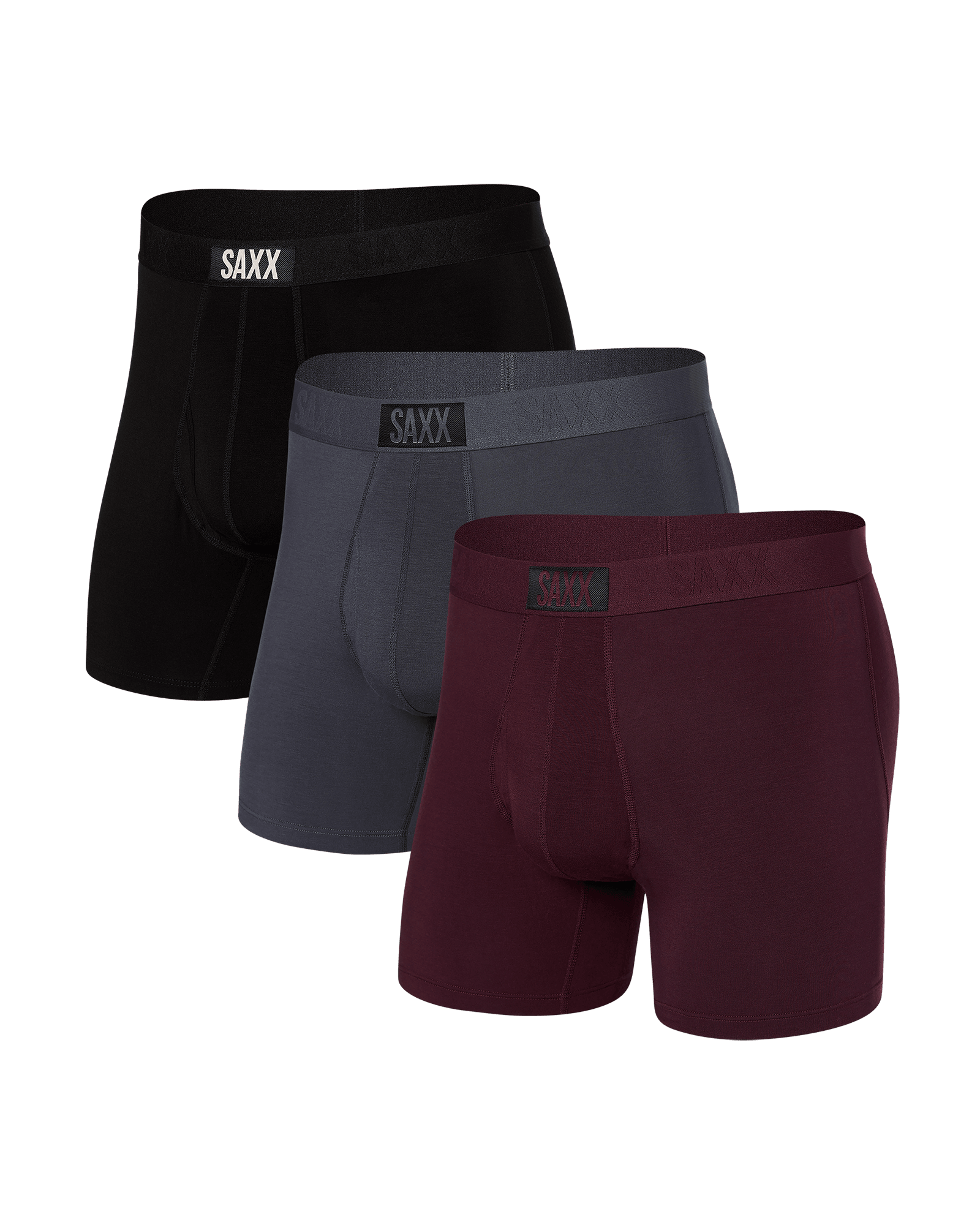Front of Ultra Super Soft Boxer Brief Fly 3-Pack in Burnt Plum/Turbulence/Black