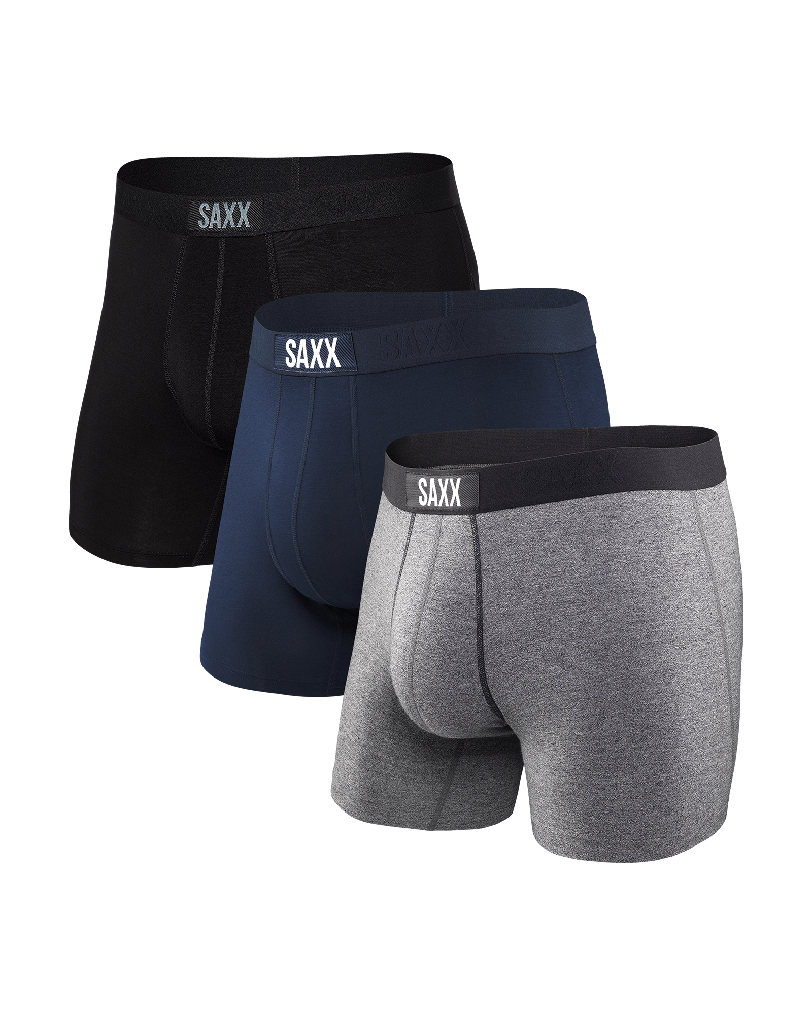 Front of Vibe Boxer Brief 3Pack in Black/Grey/Navy