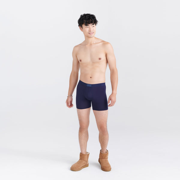 Front - Model wearing Vibe Super Soft Boxer Brief 3-Pack in Stone/Dark Denim/Maritime