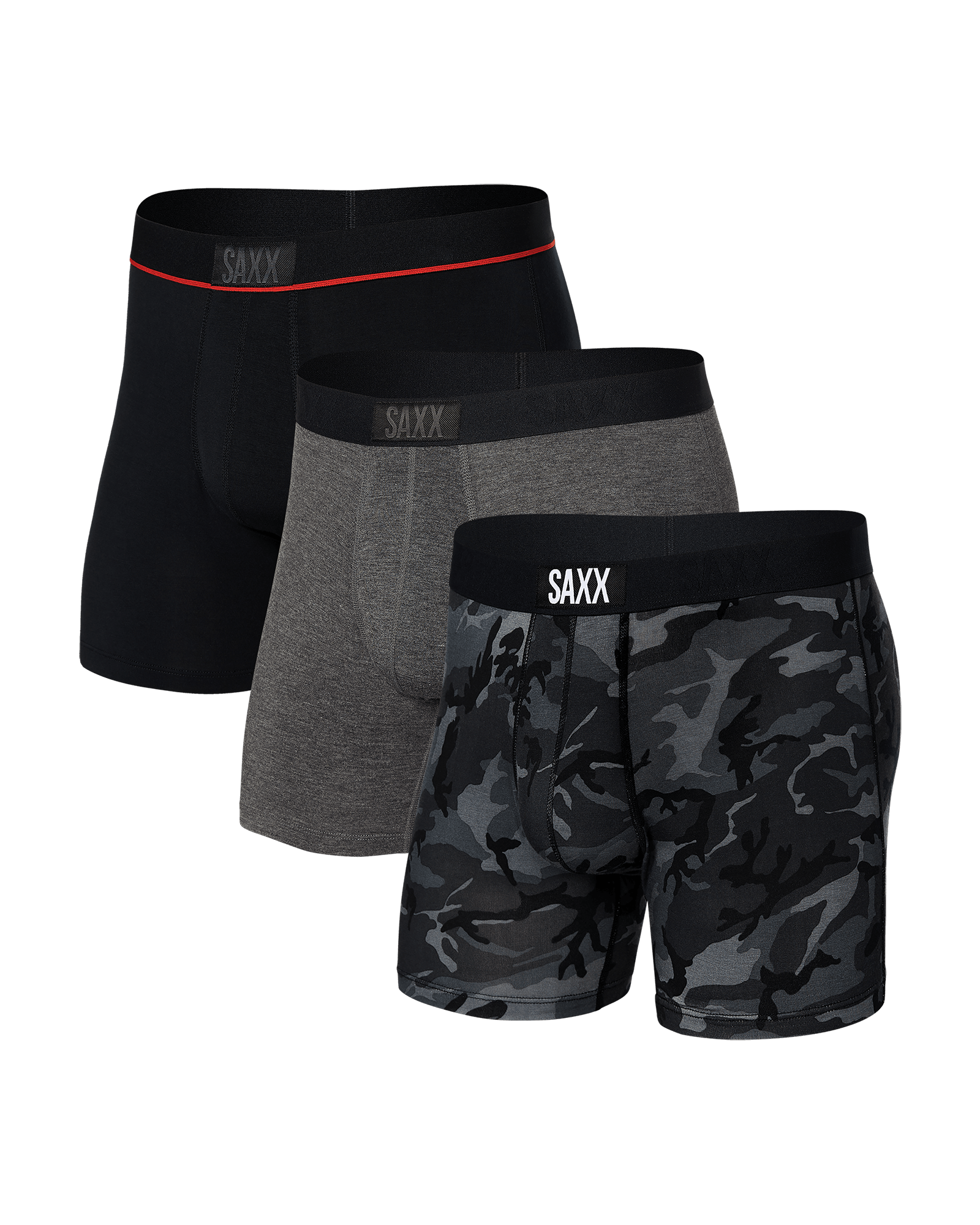 Front of Vibe Super Soft Boxer Brief 3-Pack in Wood Camo/Graphite Heather/Black