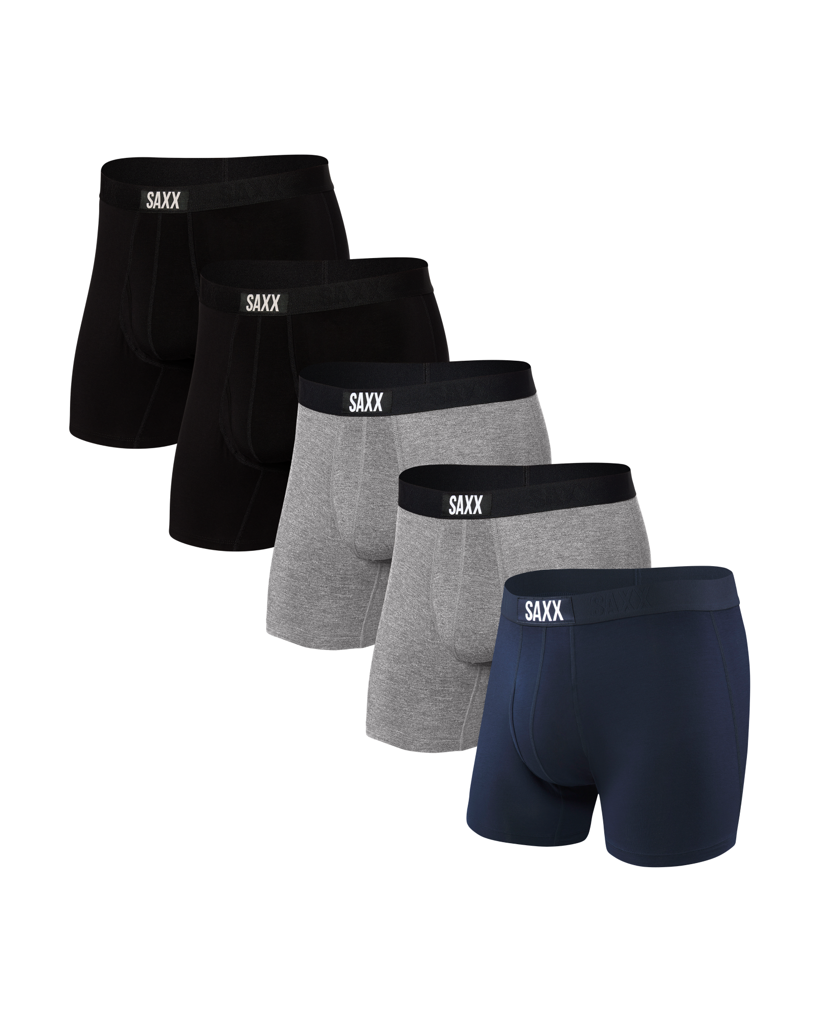 Front of Ultra Boxer Brief Fly 5 Pack in Black/Grey Htr/Navy