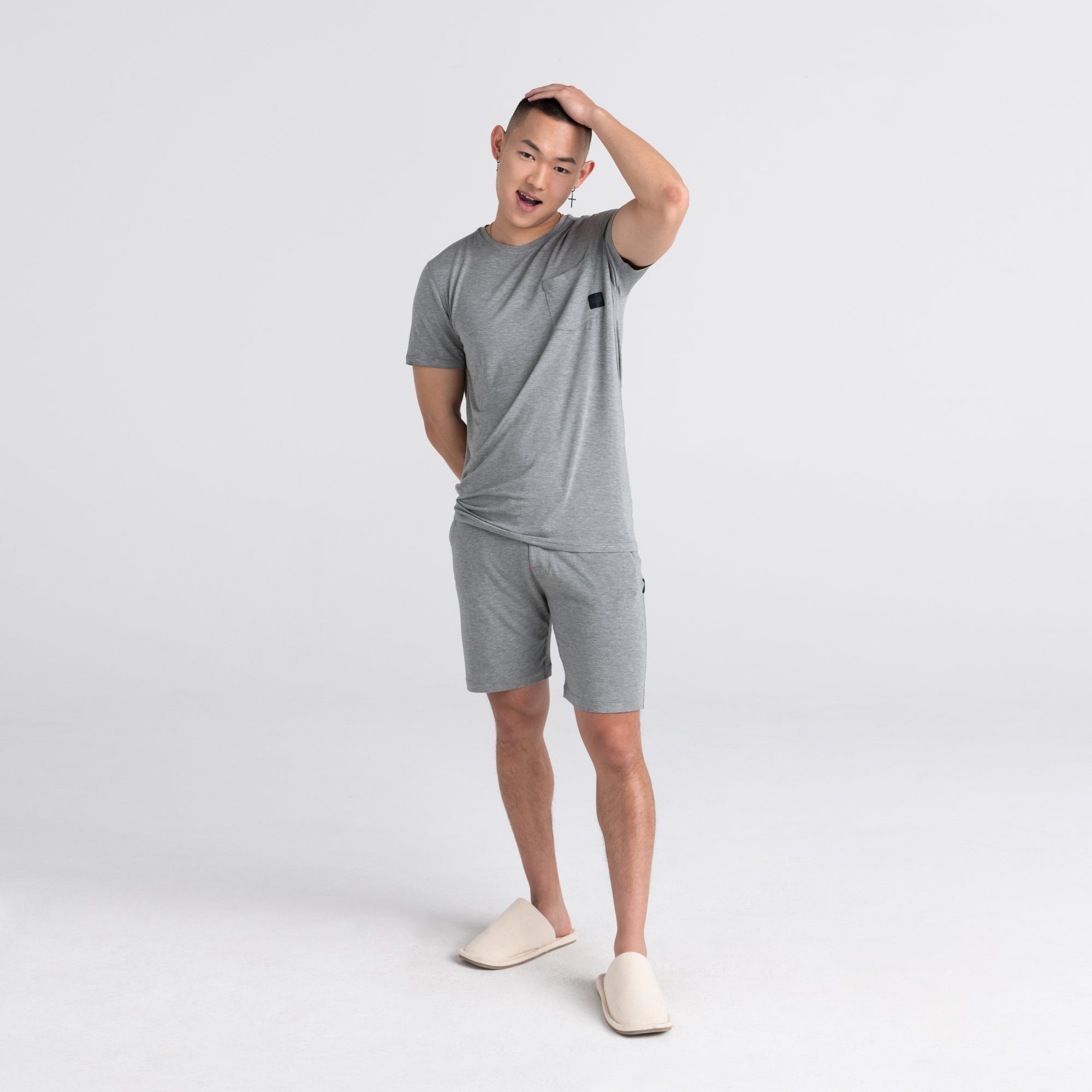 Front - Model wearing Snooze Short in Dark Grey Heather