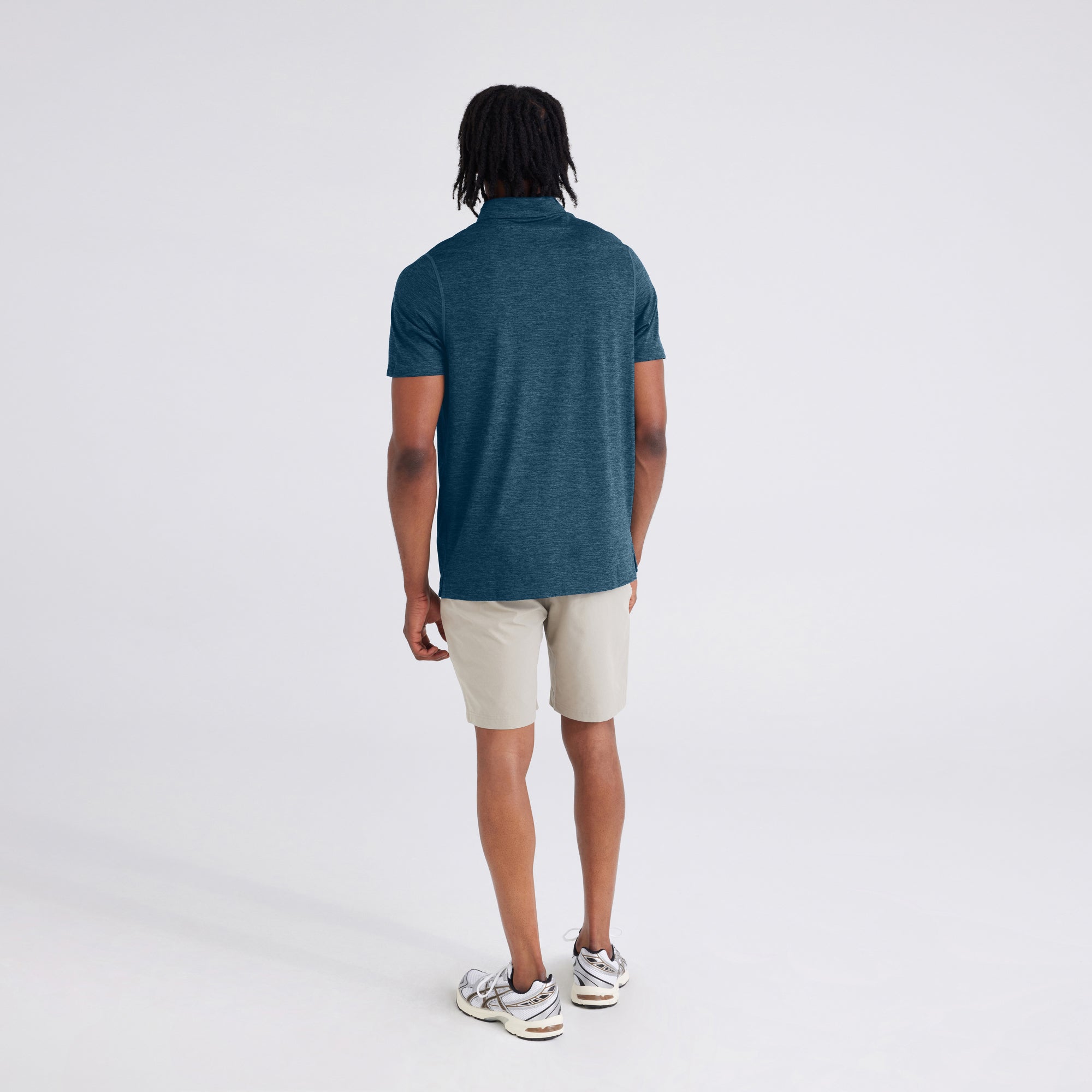 Back - Model wearing  Droptemp® All Day Cooling Polo in Storm Heather