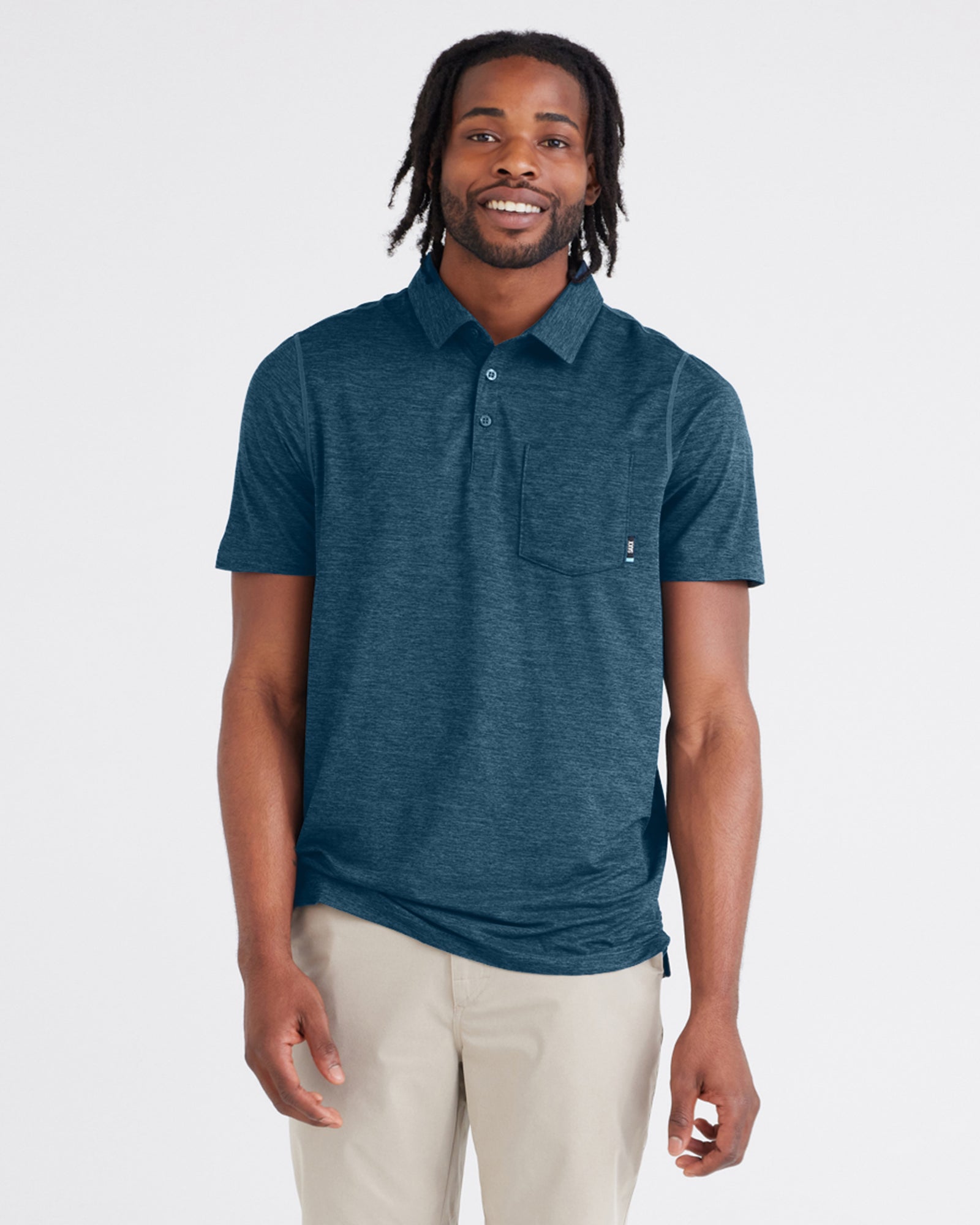 Front - Model wearing  Droptemp® All Day Cooling Polo in Storm Heather