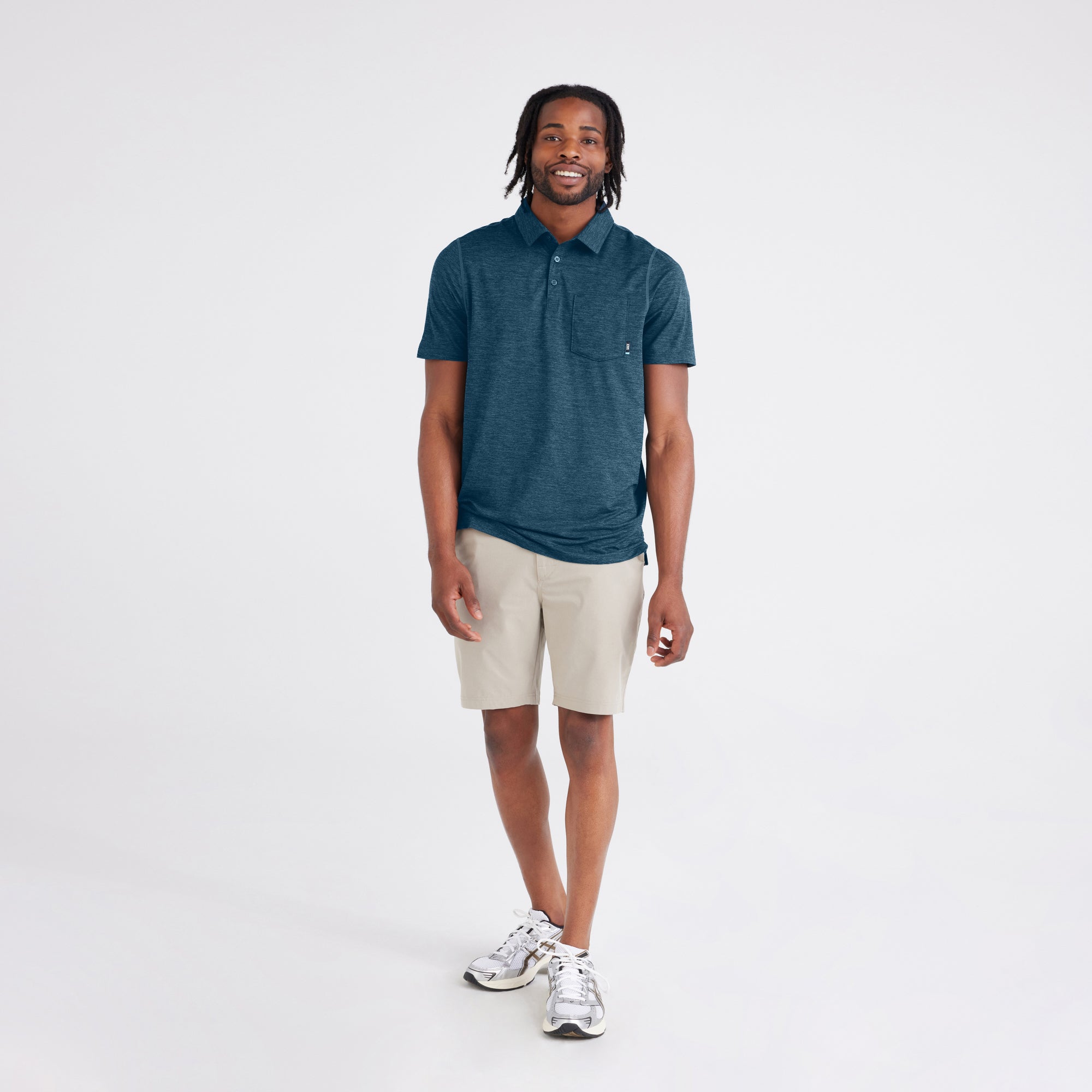 Front - Model wearing  Droptemp® All Day Cooling Polo in Storm Heather