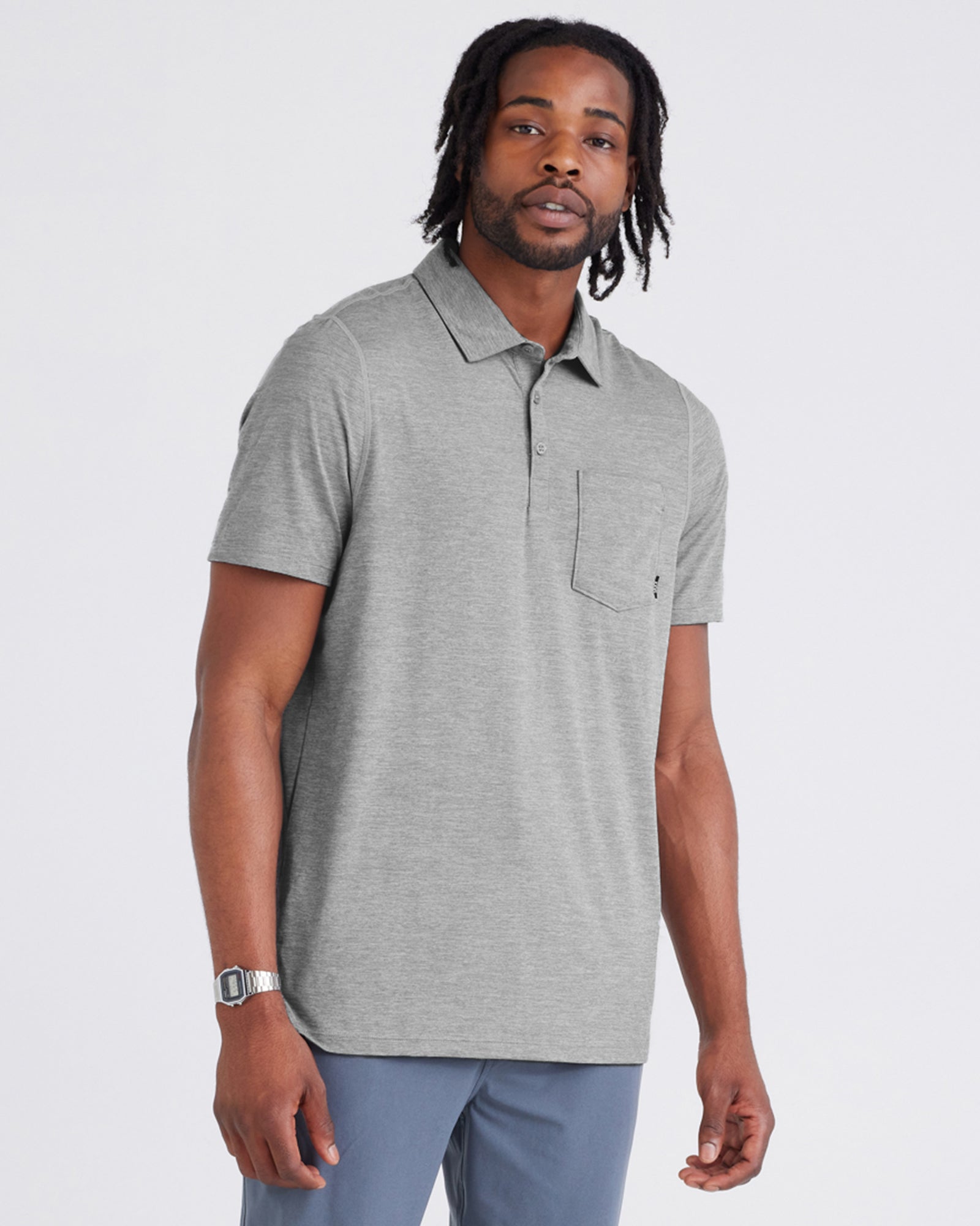 Front - Model wearing DropTemp All Day Cooling Polo in Tradewinds Heather