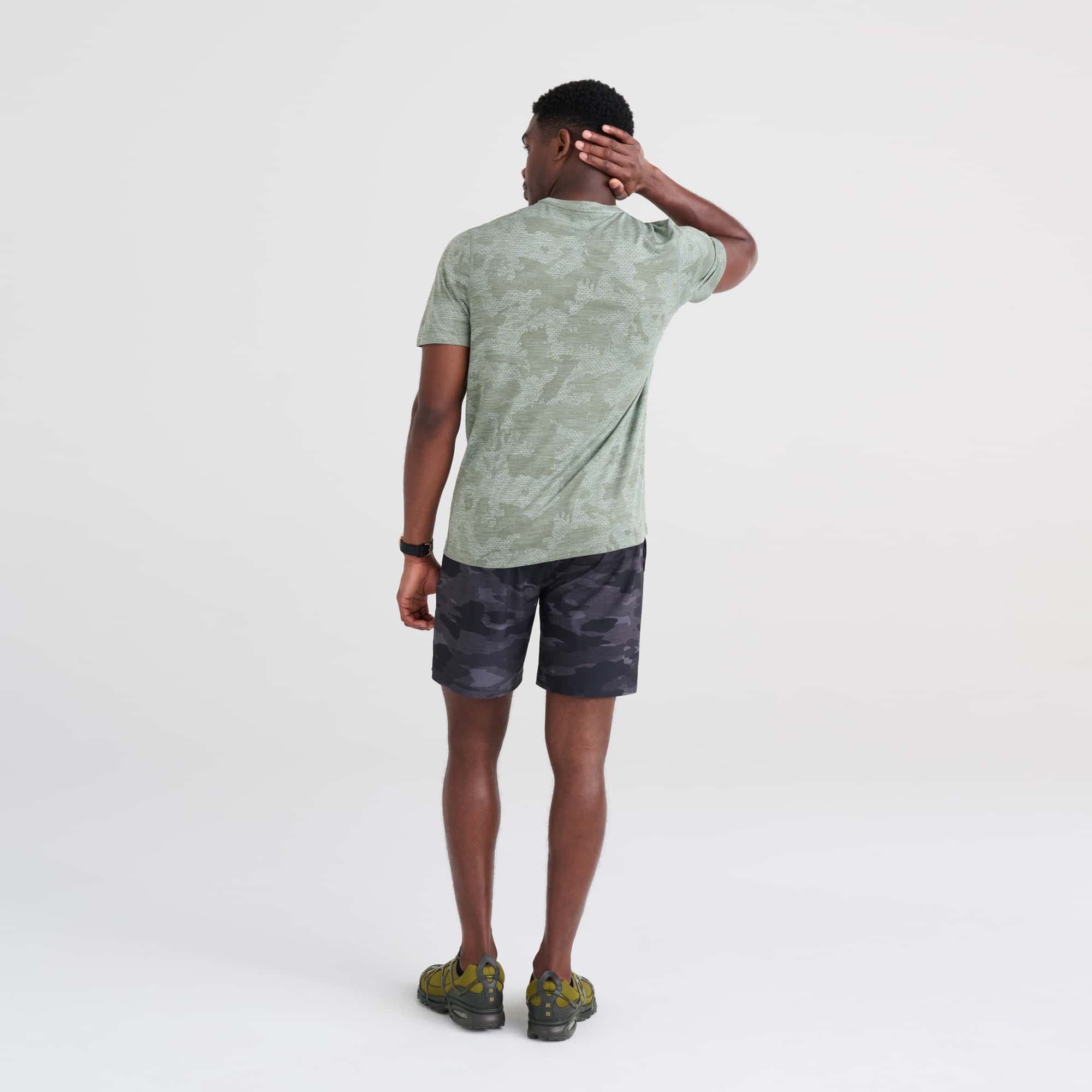 Back - Model wearing Multi-Sport 2N1 Short Regular in Tranquil Camo- Black