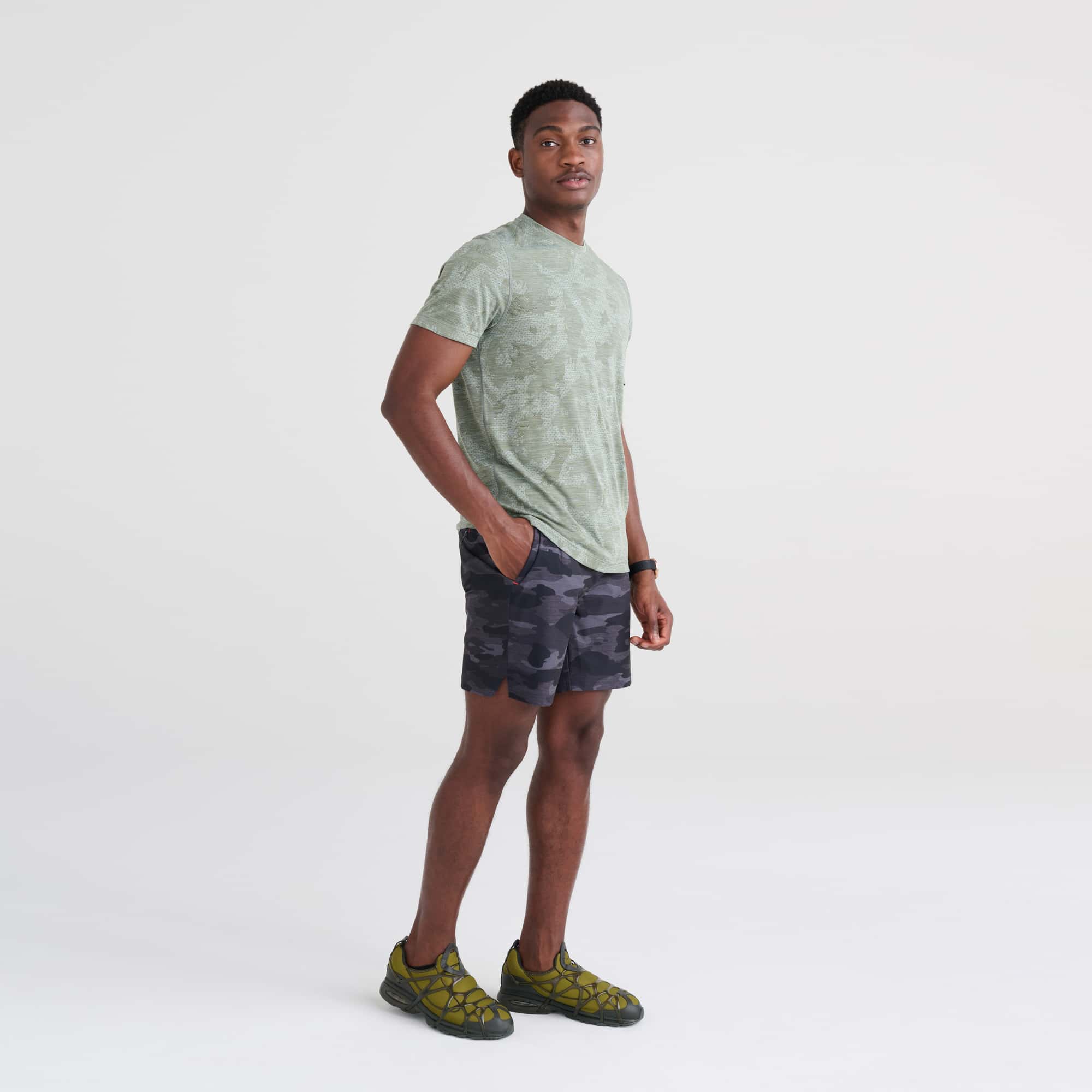 Front - Model wearing Multi-Sport 2N1 Short Regular in Tranquil Camo- Black