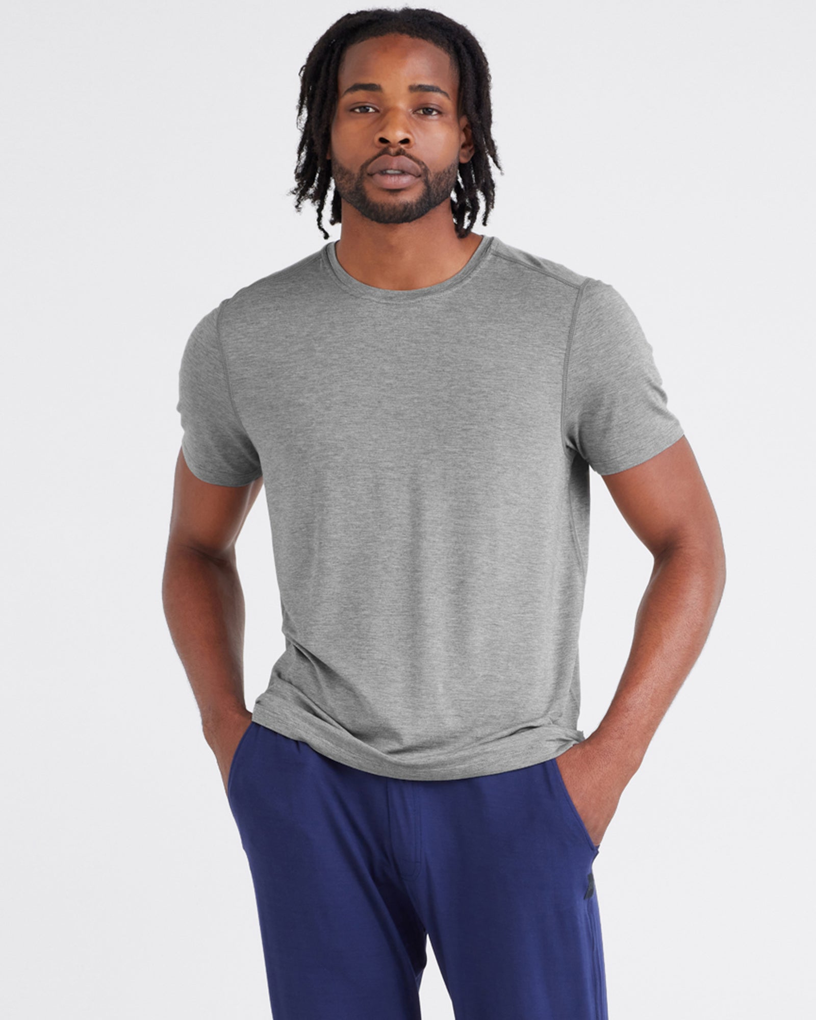 Front - Model wearing  Snooze Sleep Short Sleeve Crew in Dark Grey Heather