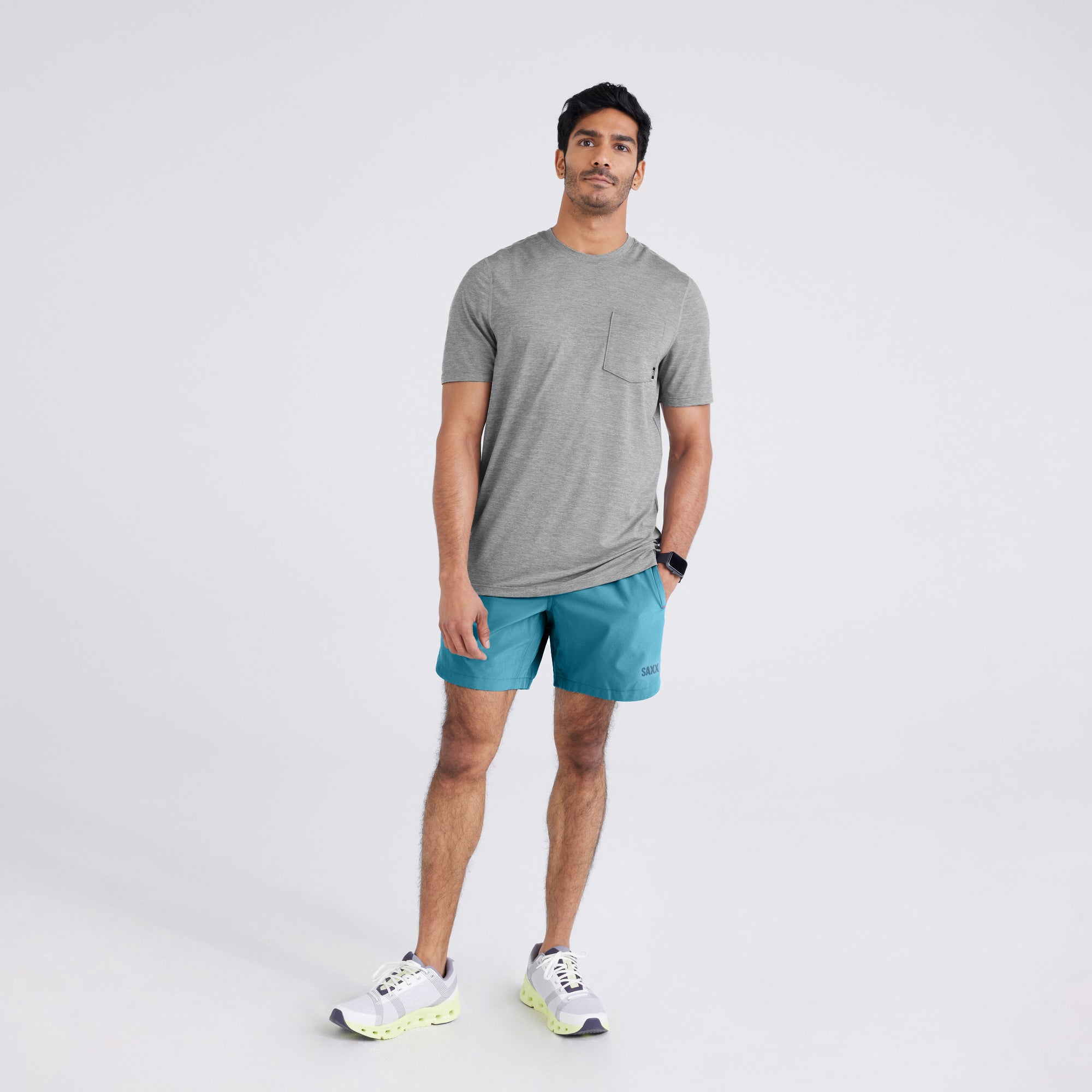 Front - Model wearing  Droptemp® All Day Cooling Short Sleeve Tee in Tradewinds Heather