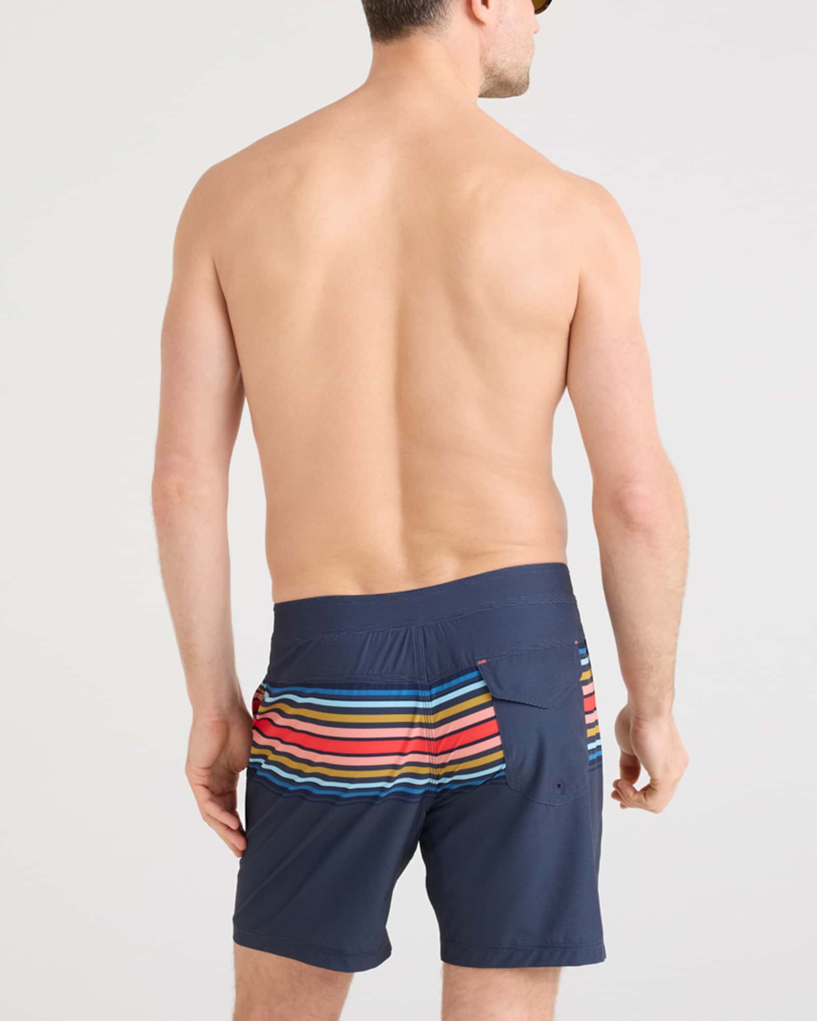 Back - Model wearing Betawave 2N1 Swim Board Short 17" in Horizon Stripe-Maritime