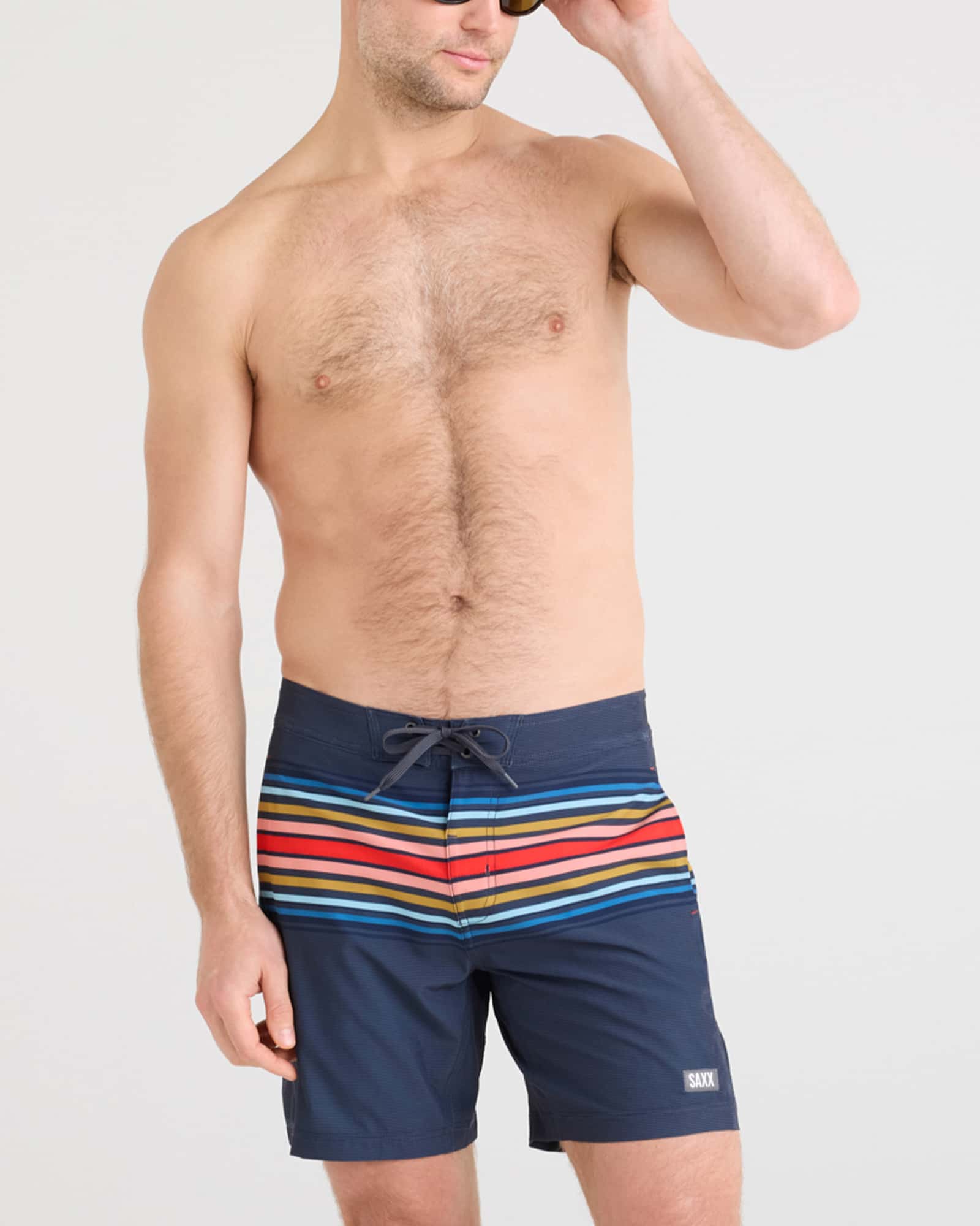 Front - Model wearing Betawave 2N1 Swim Board Short 17" in Horizon Stripe-Maritime