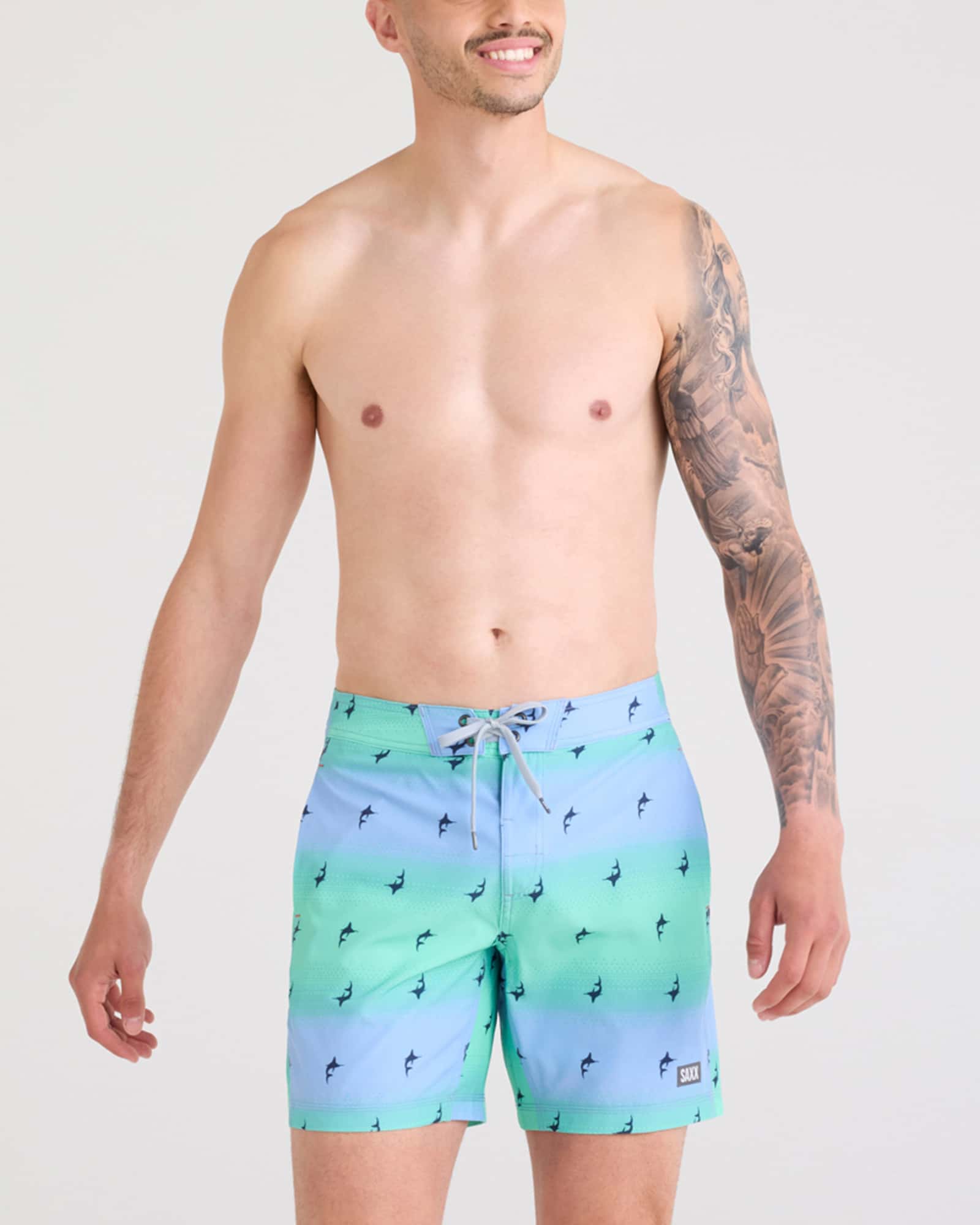 Front - Model wearing Betawave 2N1 Swim Board Short 17" in Sailfish Ombre-Multi