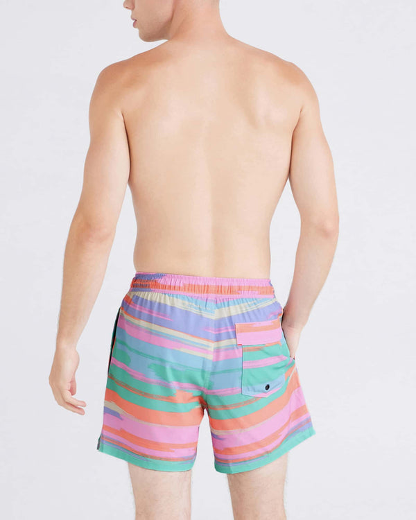 Back - Model wearing Oh Buoy 2N1 Volley 5" in Abstract Stripe-Multi