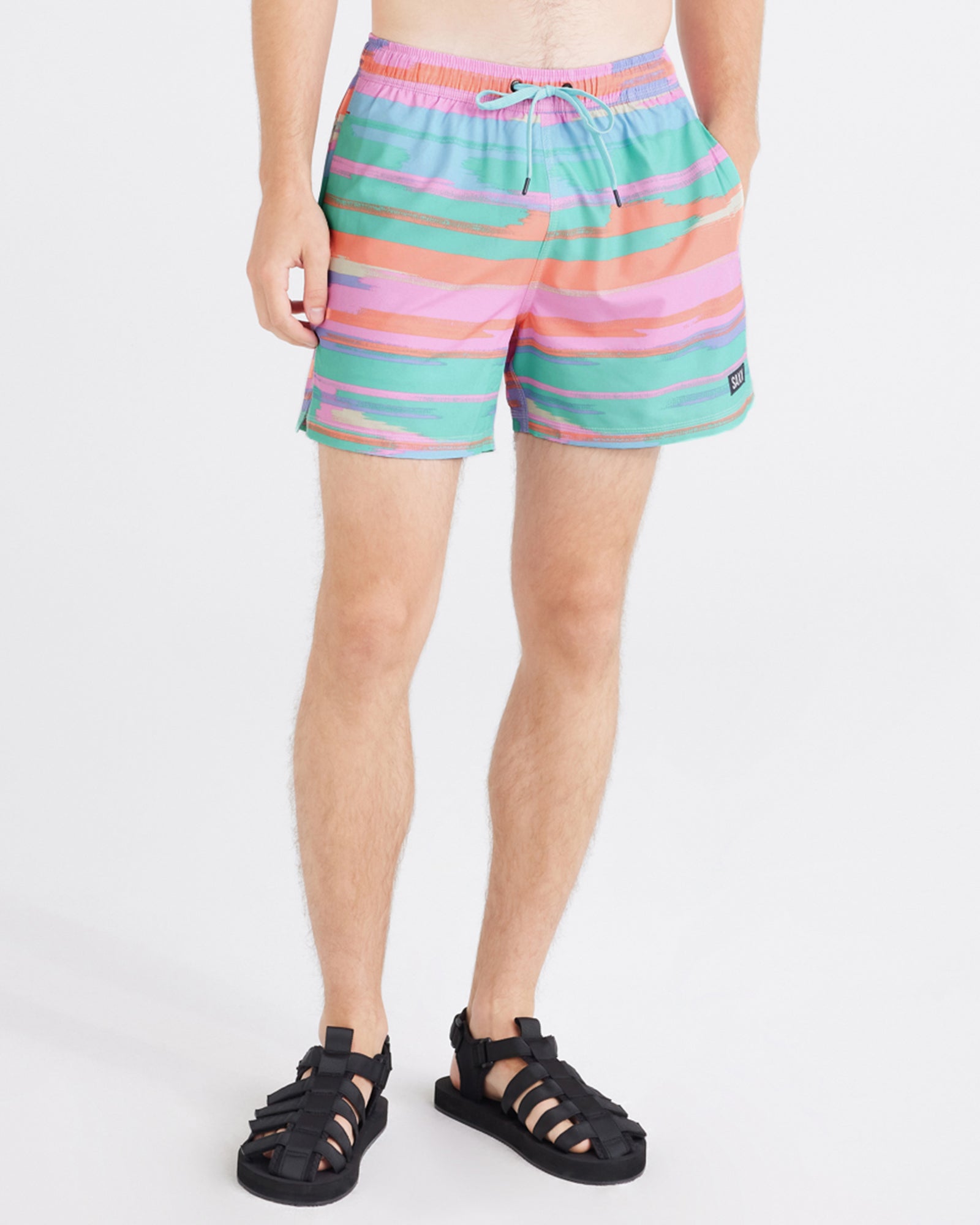 Front - Model wearing  Oh Buoy 2N1 Swim Short Trunk in Abstract Stripe-Multi