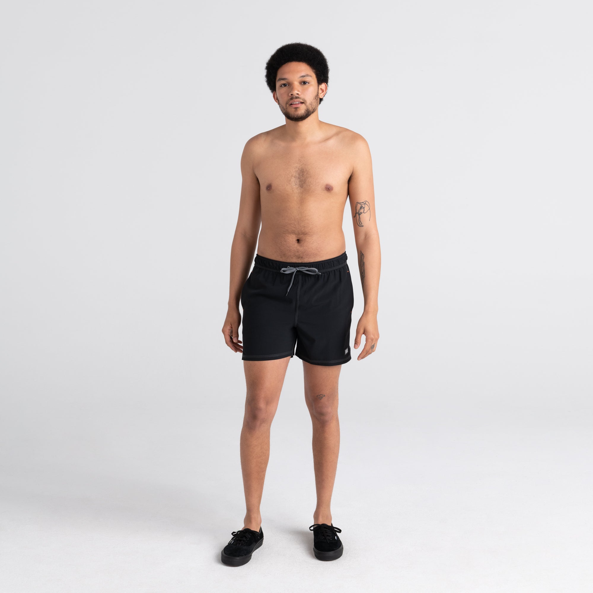 Front - Model wearing Oh Buoy 2N1 Swim Short 5" in Black