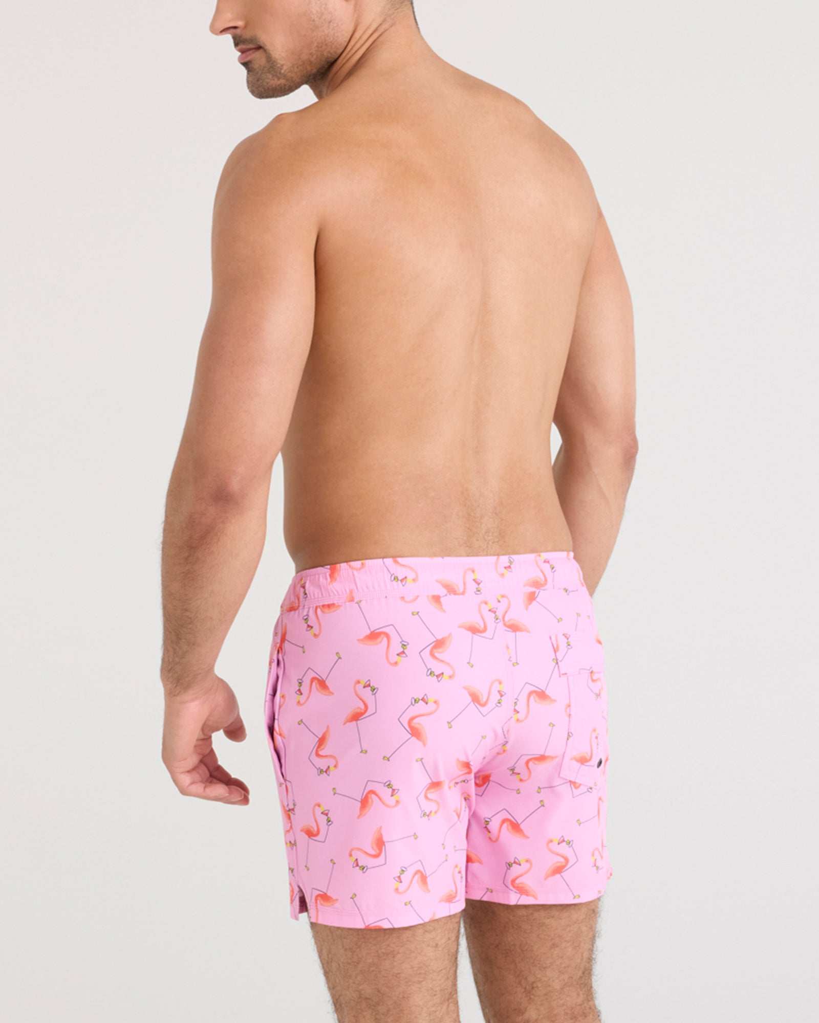 Back - Model wearing Oh Buoy 2N1 Swim Short in Drinko Flamingo-Taffy