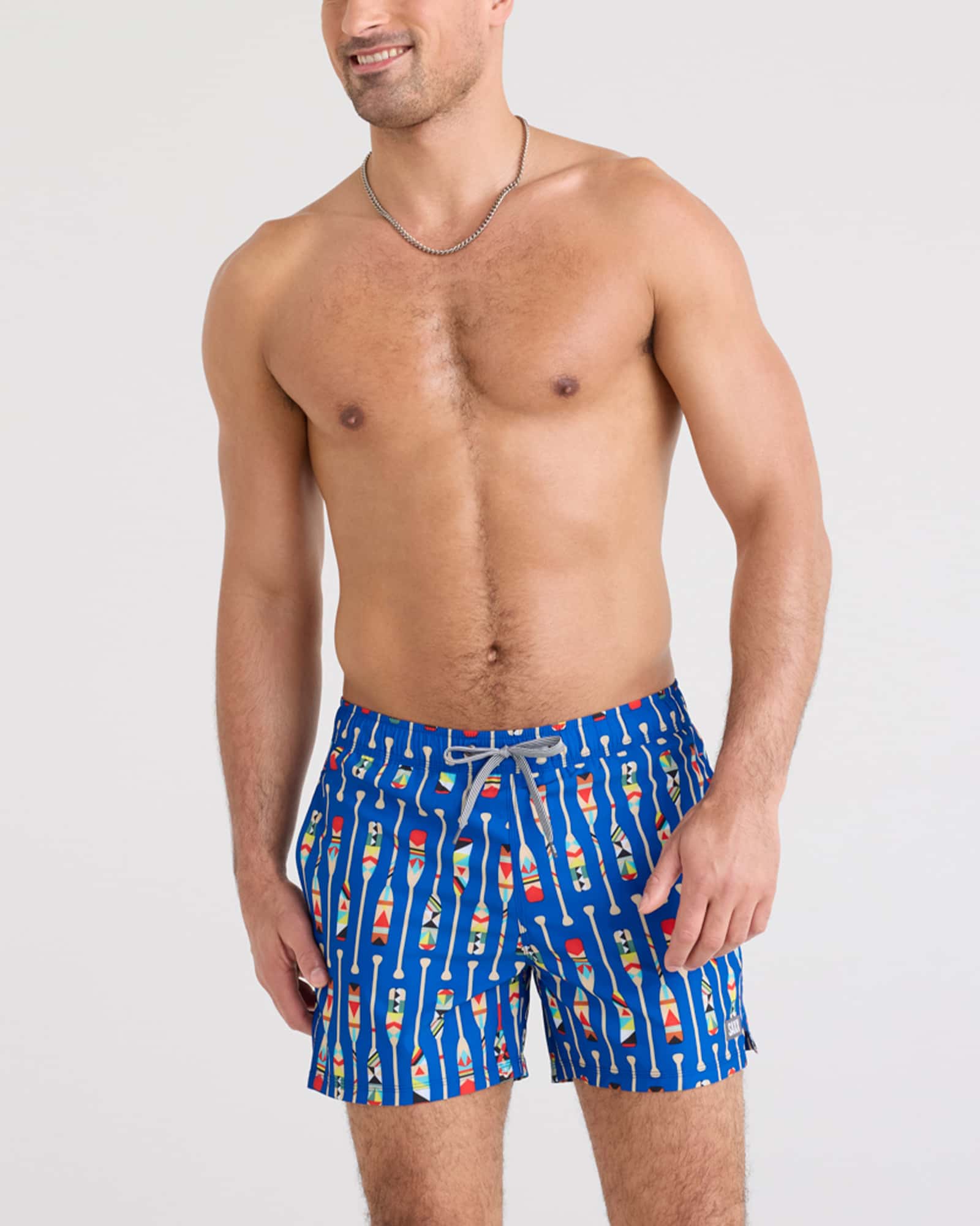 Front - Model wearing Oh Buoy 2N1 Swim Volley 5" in Oartiz-Blue