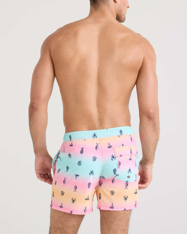 Back - Model wearing Oh Buoy 2N1 Swim Volley 5" in Summer Ombre-Multi