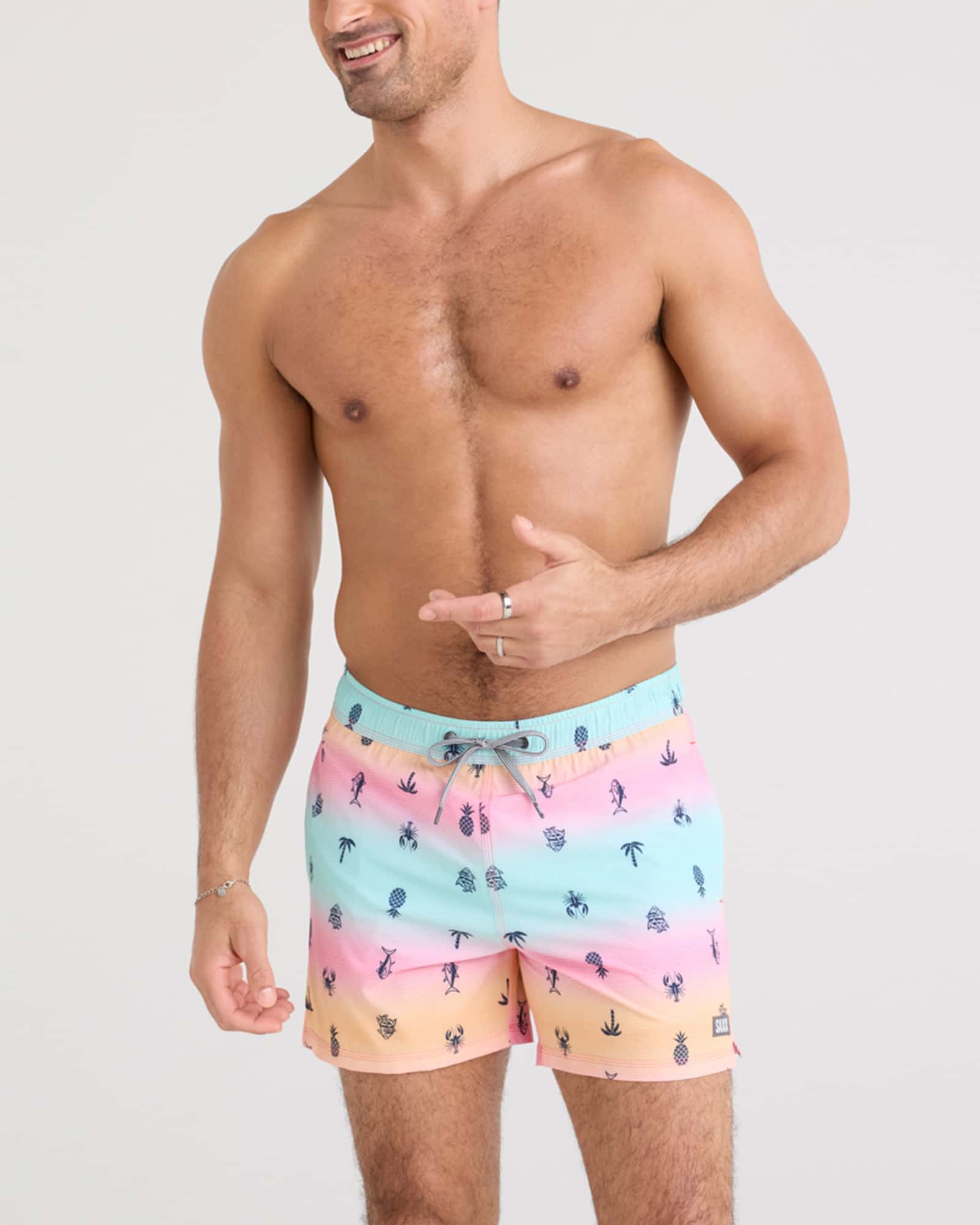 Front - Model wearing Oh Buoy 2N1 Swim Volley 5" in Summer Ombre-Multi