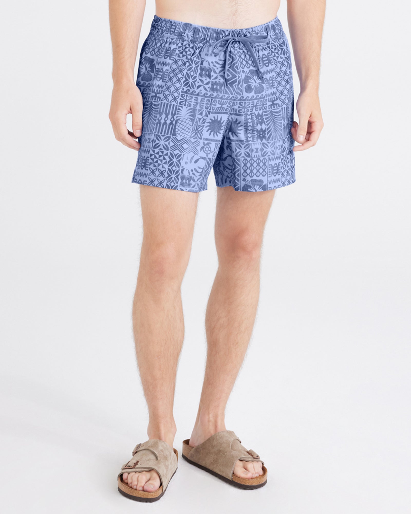 Front - Model wearing  Oh Buoy 2N1 Swim Short Trunk in Tropical Tapa-Lavender