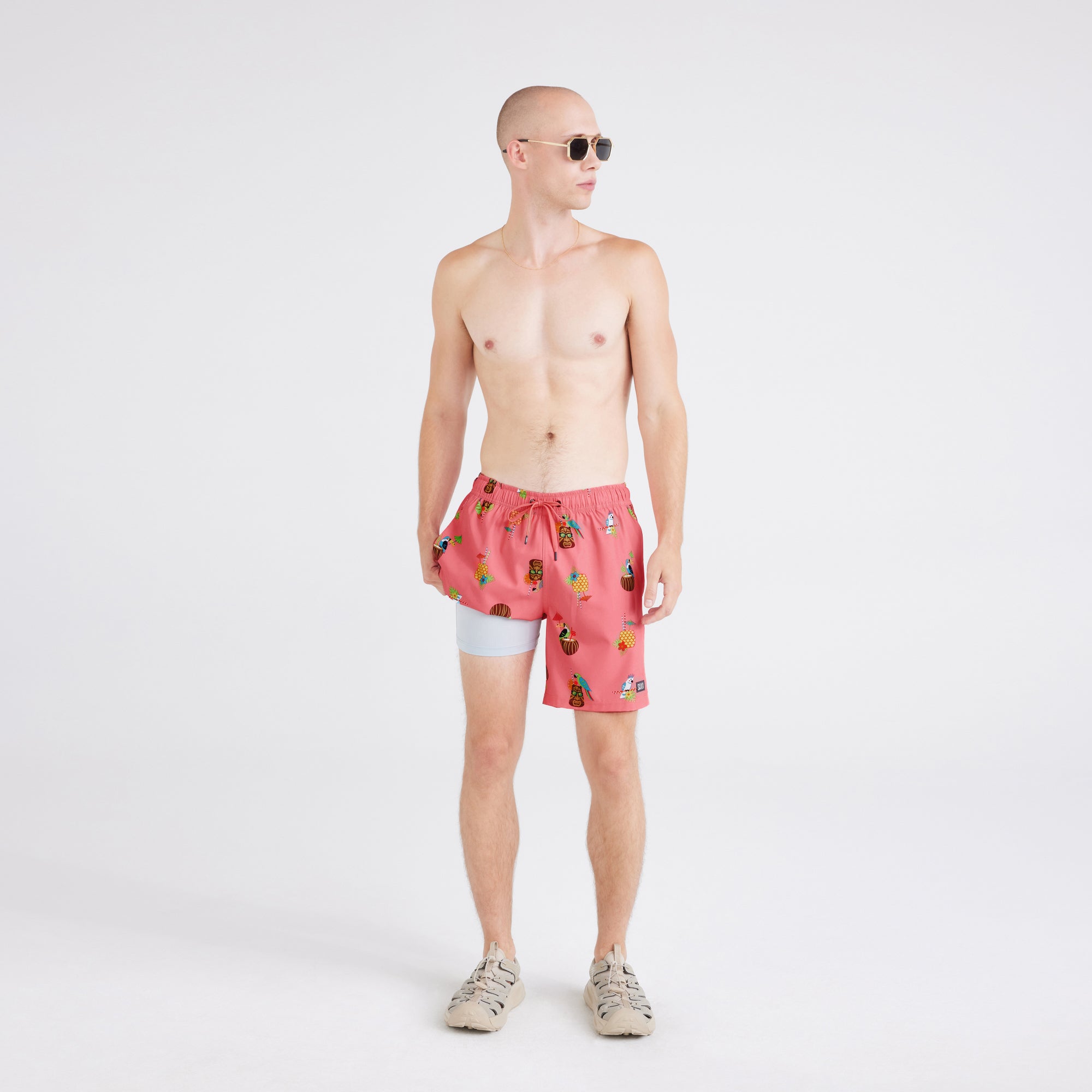 Front - Model wearing  Oh Buoy 2N1 Swim Short Regular in Birds Of Paradise-Coral