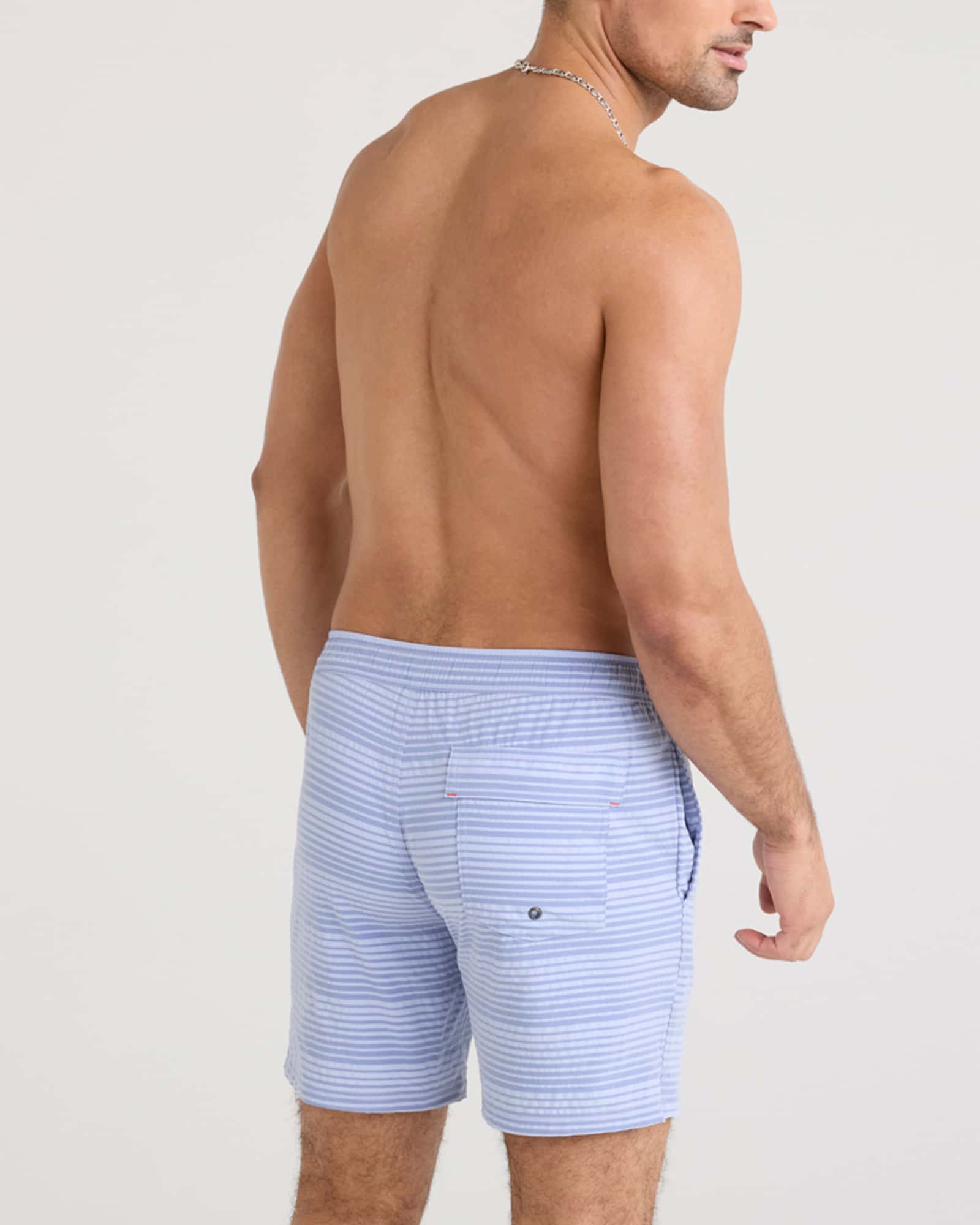 Back - Model wearing Oh Buoy 2N1 Swim Volley 7" in Blue/Periwinkle Stripe