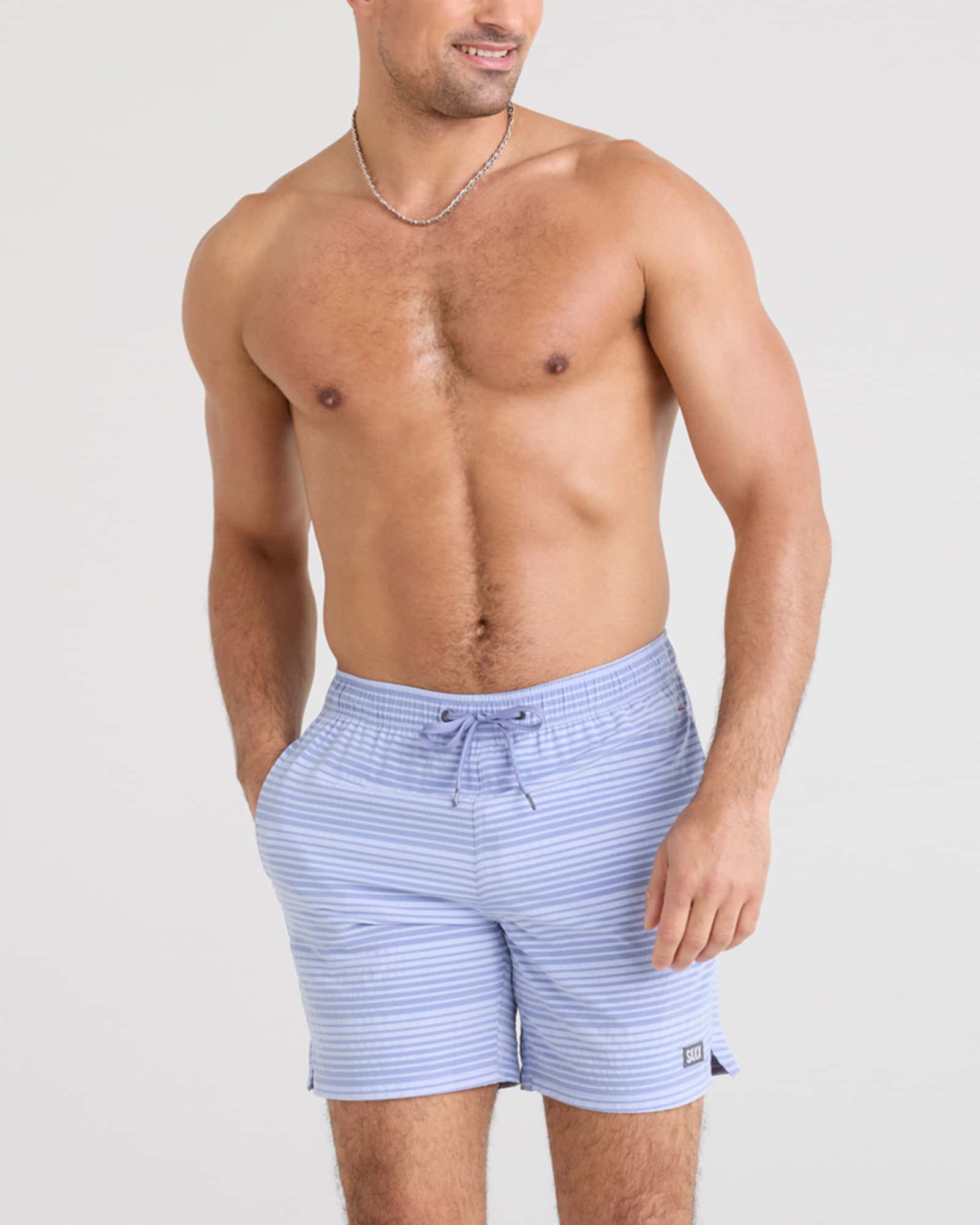 Front - Model wearing Oh Buoy 2N1 Swim Volley 7" in Blue/Periwinkle Stripe